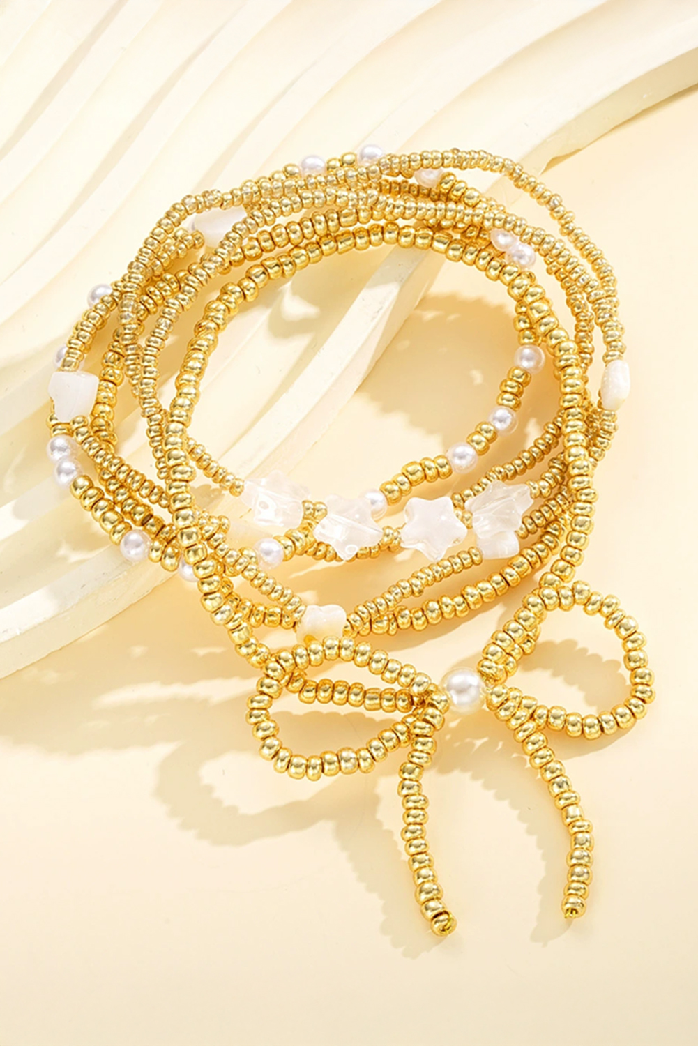 Gold Bow Knot Star Heart Beaded Multi Layer Bracelet - loveforevers