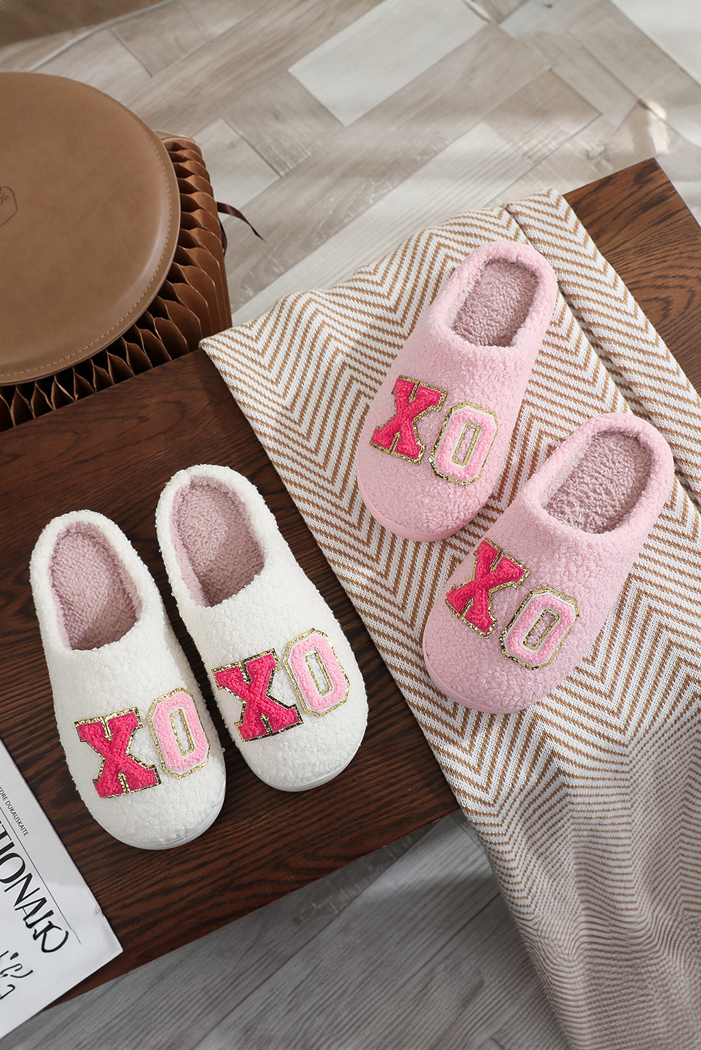 White XO XO Glitter Trim Letter Patched Plush House Slippers - loveforevers