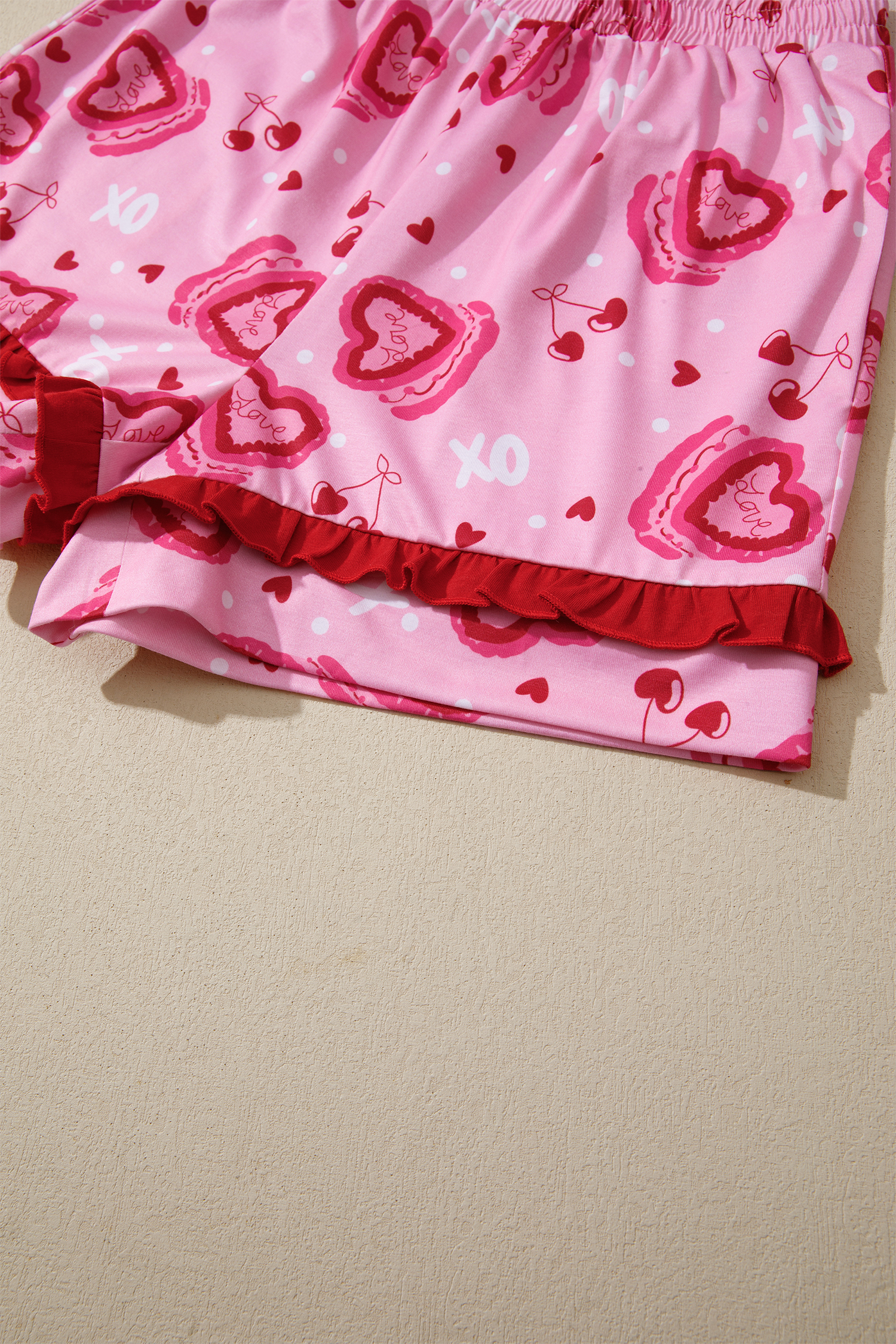 Pink Sweet Heart Cake Print Contrast Ruffle Trim Valentines 2pcs Pajama Set - loveforevers