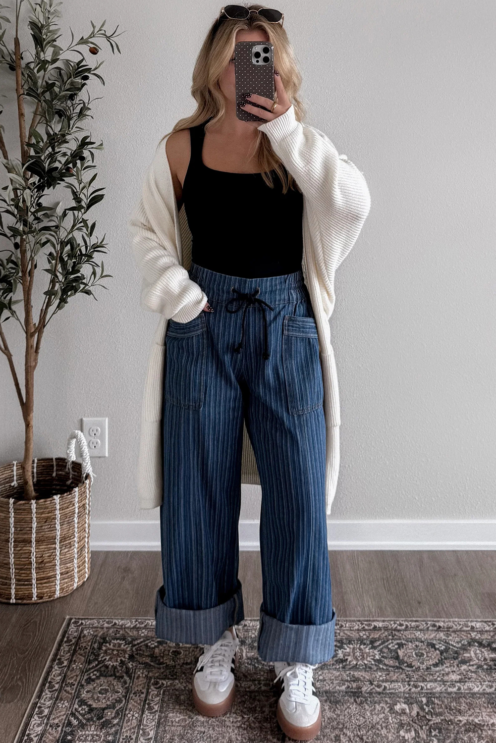 Blue Stripe Contrasted Drawstring Pocketed Loose Jeans - loveforevers