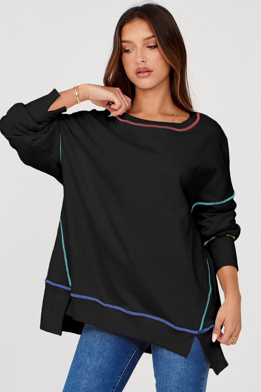 Contrast Stitching Split Baggy Sweatshirt - loveforevers