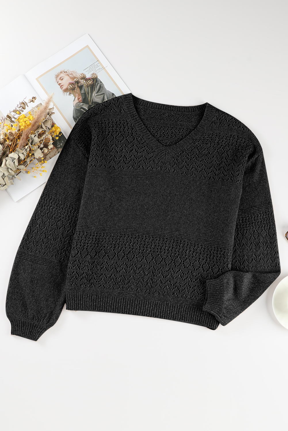 Sky Blue Eyelet Pattern Detail V Neck Drop Shoulder Sweater - loveforevers