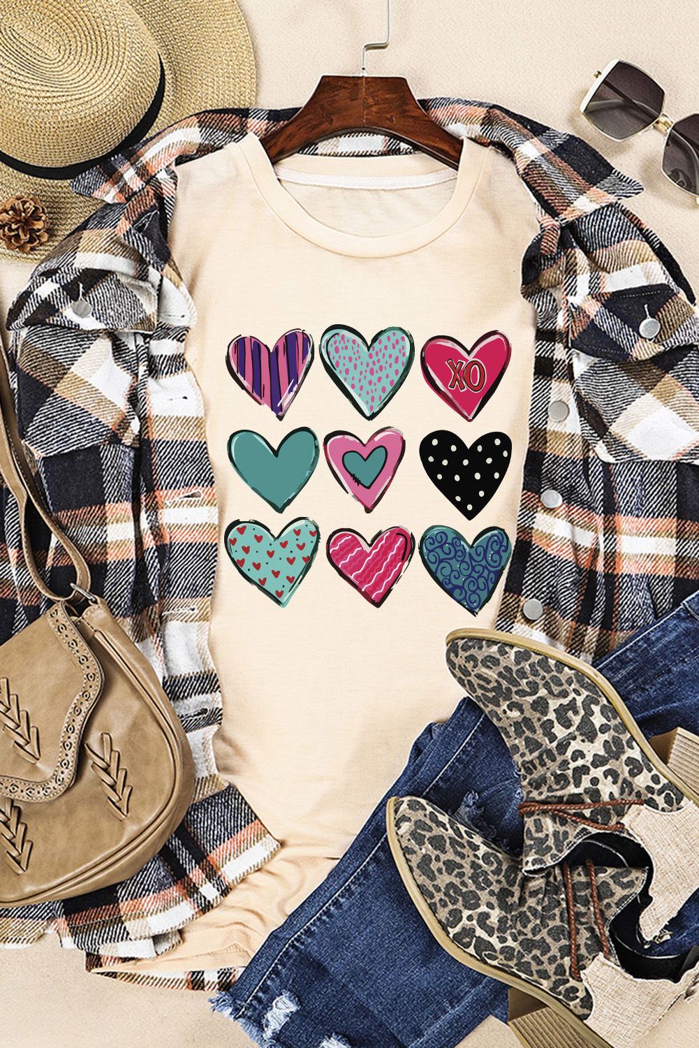 Khaki Valentines Multi Pattern Heart Shape Graphic T Shirt - loveforevers