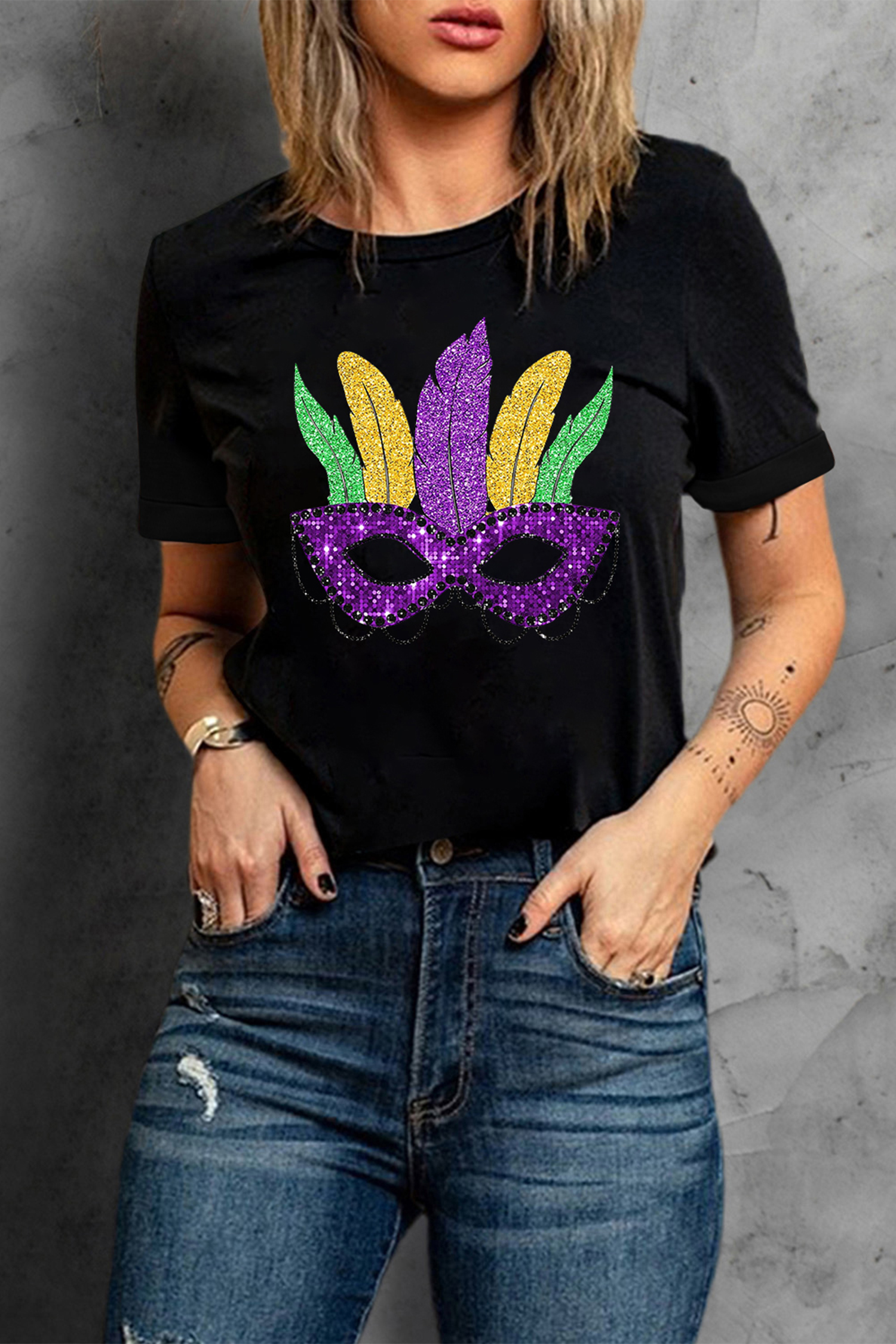 Black Glitter Mardi Gras Mask Graphic T Shirt - loveforevers
