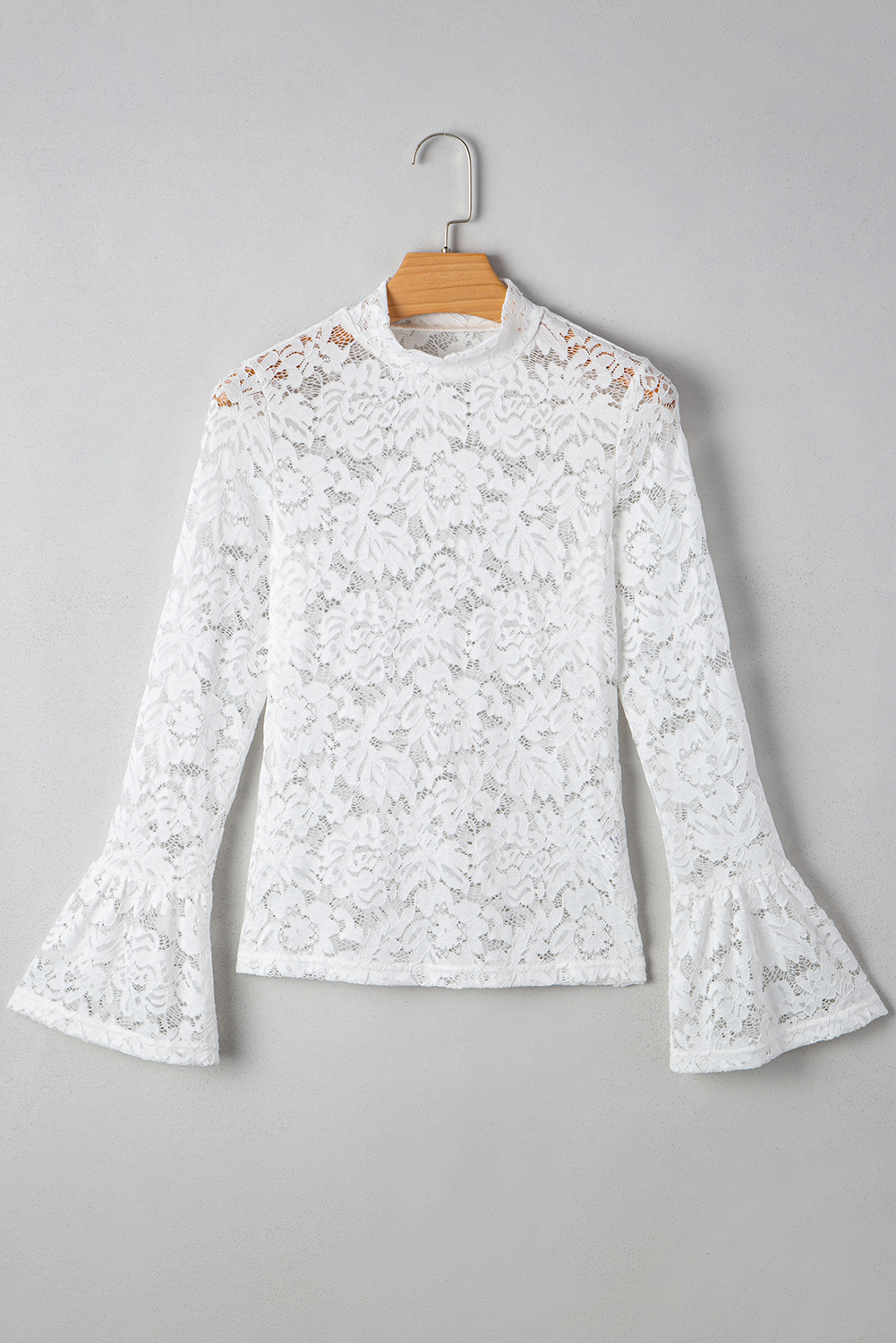 White Lace Crochet Bell Sleeve Mock Neck Blouse - loveforevers