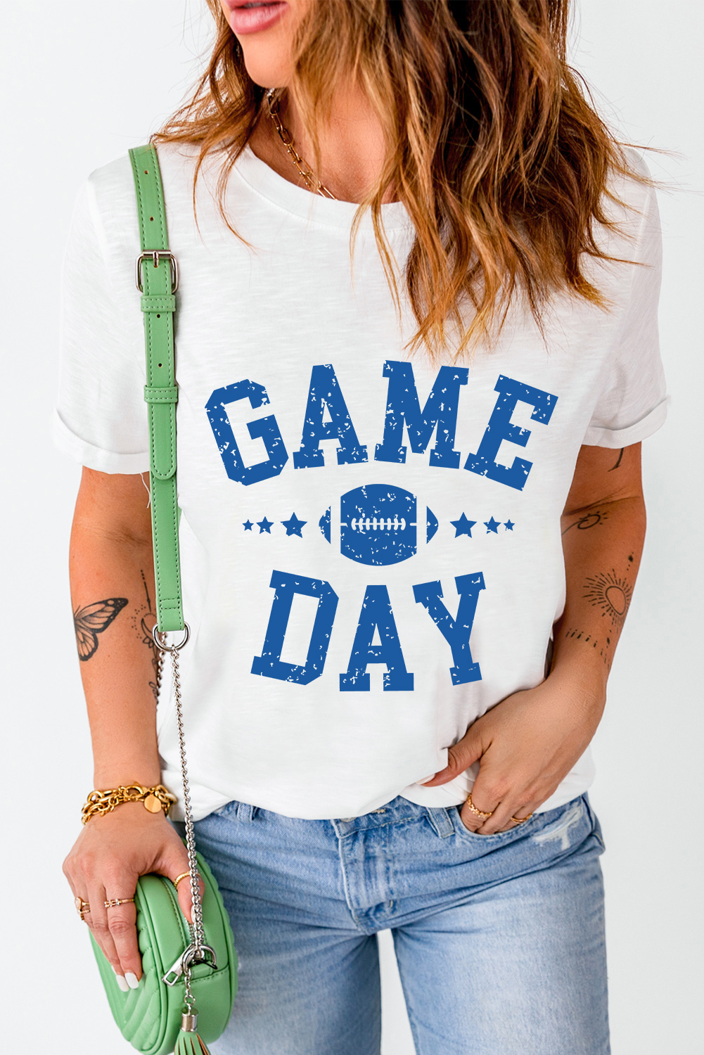 White GAME DAY Rugby Football Graphic Crewneck T Shirt - loveforevers