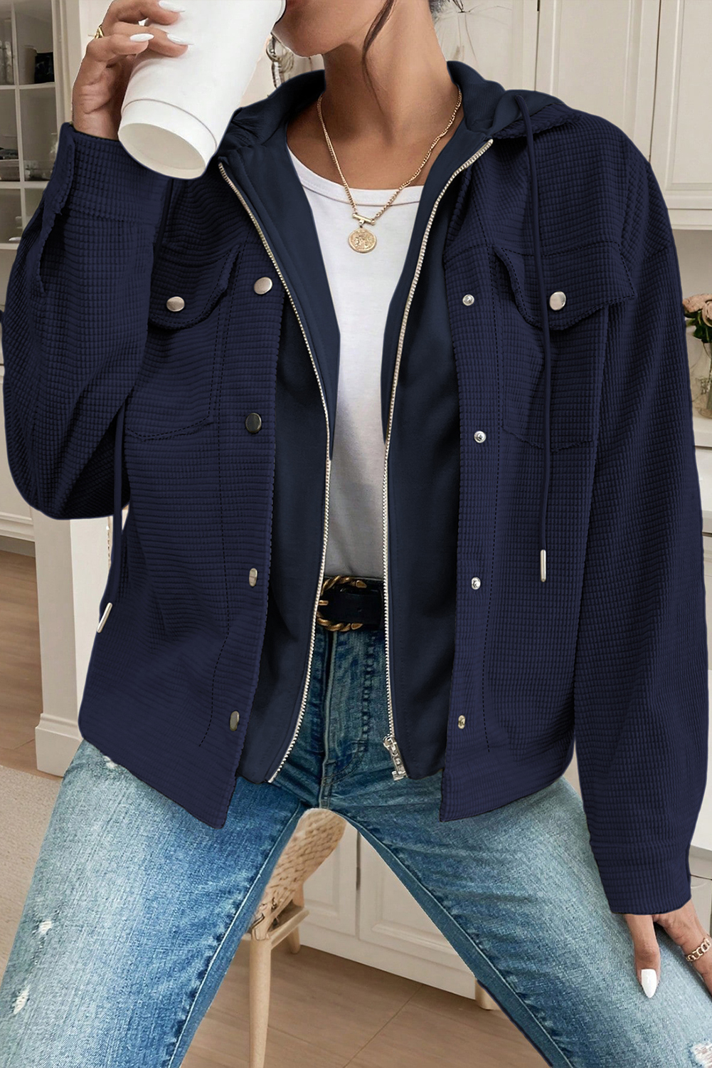 Sail Blue 2 in 1 Thermal Knit Textured Hooded Jacket - loveforevers