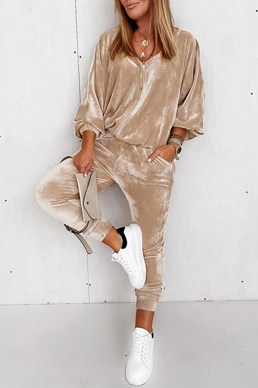 Parchment Velvet Zipped Top and Joggers Two Piece Set - loveforevers