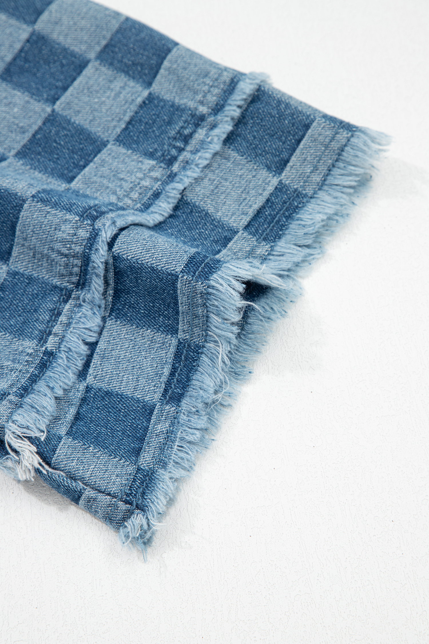 Sky Blue Frayed Hem Checkered Denim Mini Dress - loveforevers