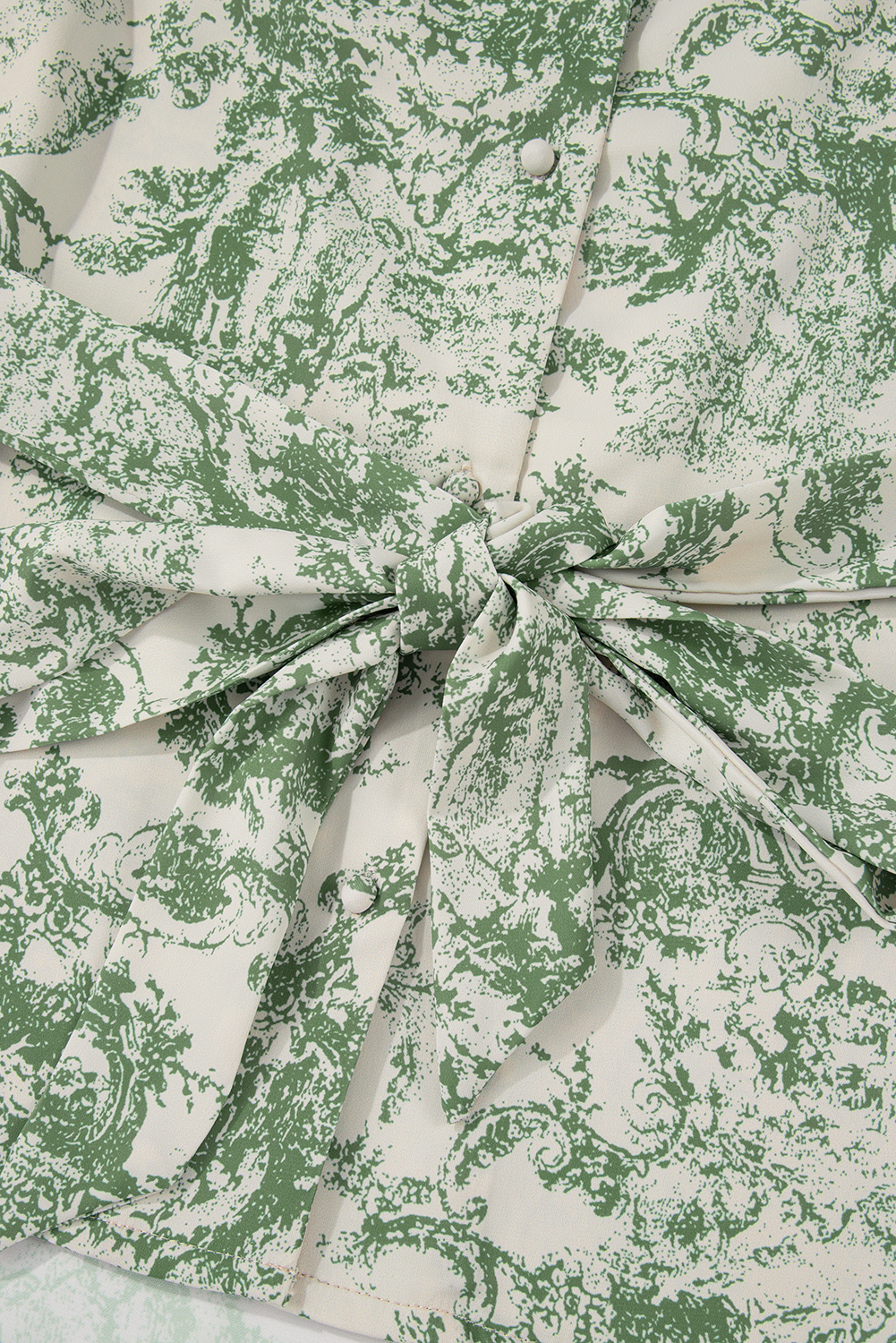 Green Landscape Print Tied 3/4 Sleeve Shirt with Sash - loveforevers