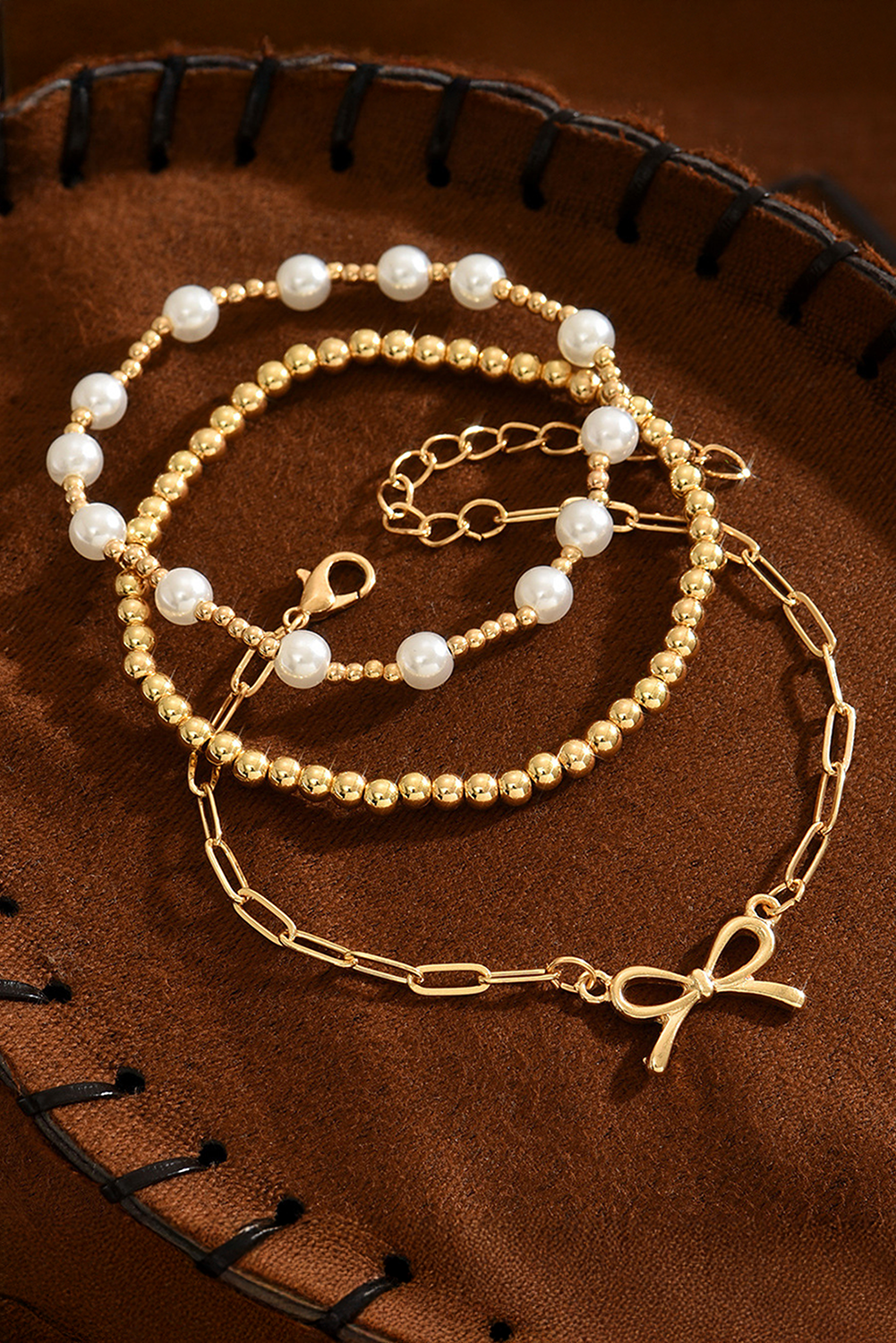 Gold Bow Chain Link Pearl Beaded Multi Layer Bracelet - loveforevers