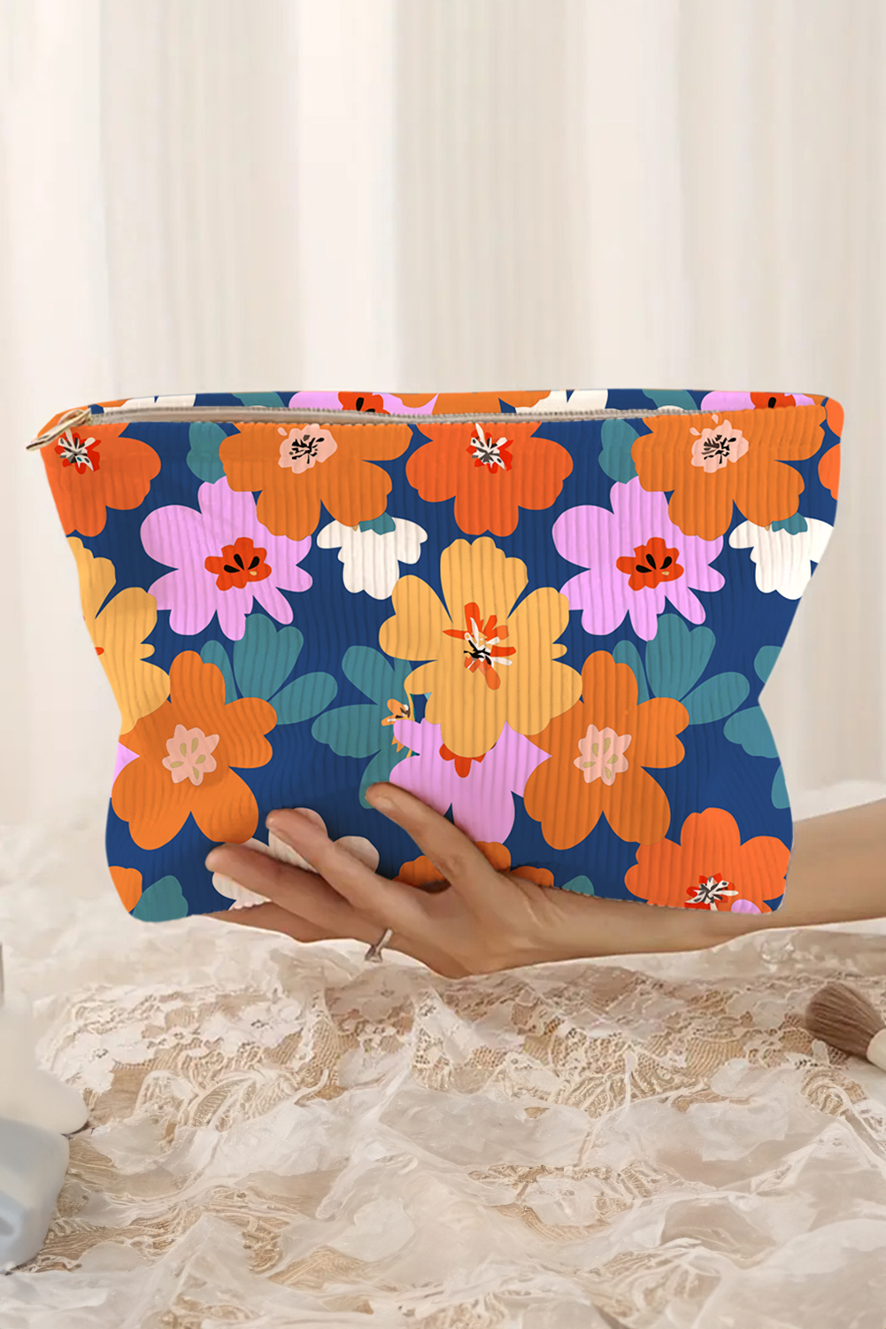 Ashleigh Blue Flower Print Zipper Corduroy Large Cosmetic Bag - loveforevers
