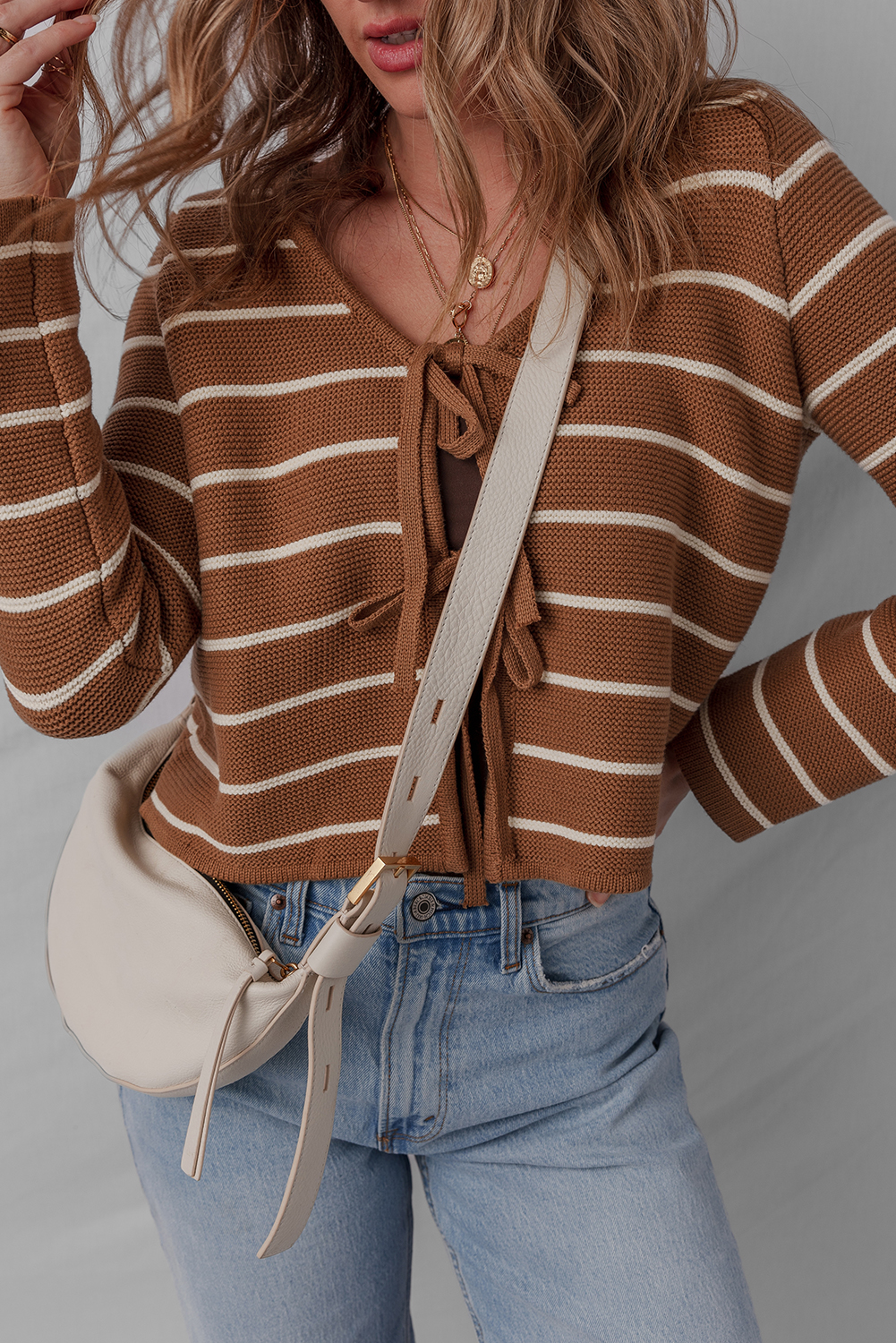 Chestnut Tie Front Striped Knit V Neck Cardigan Sweater - loveforevers