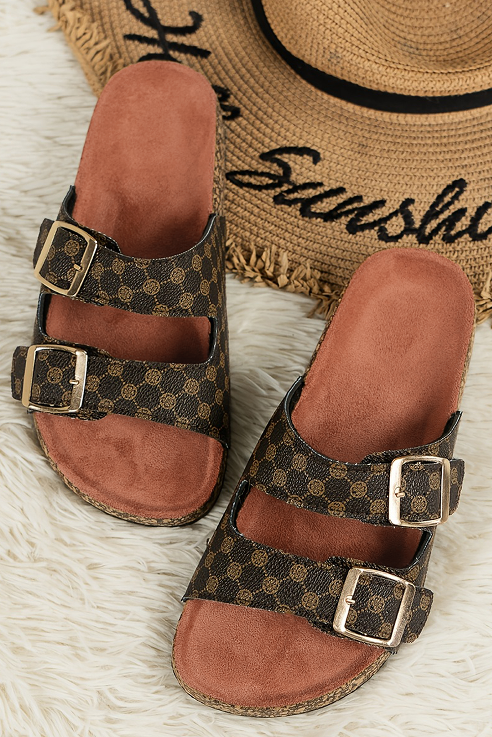 Coffee Geometric Print Cut Out Buckle PU Leather Flat Slippers - loveforevers
