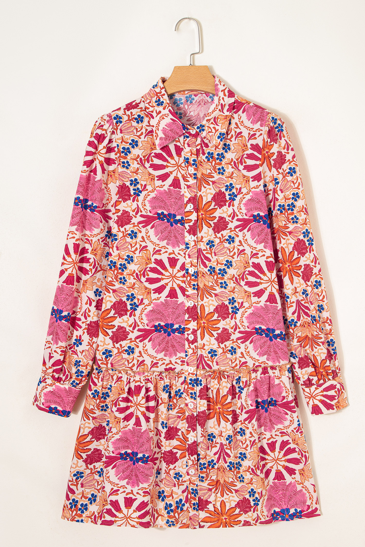 Red Fall Flower Print Long Sleeve Mini Dress - loveforevers