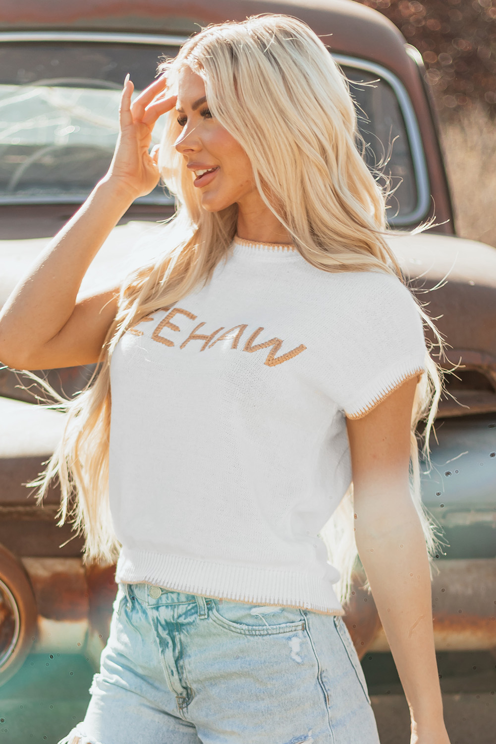 White Knitted YEEHAW Stitch Edge Crew Neck Sweater T Shirt - loveforevers