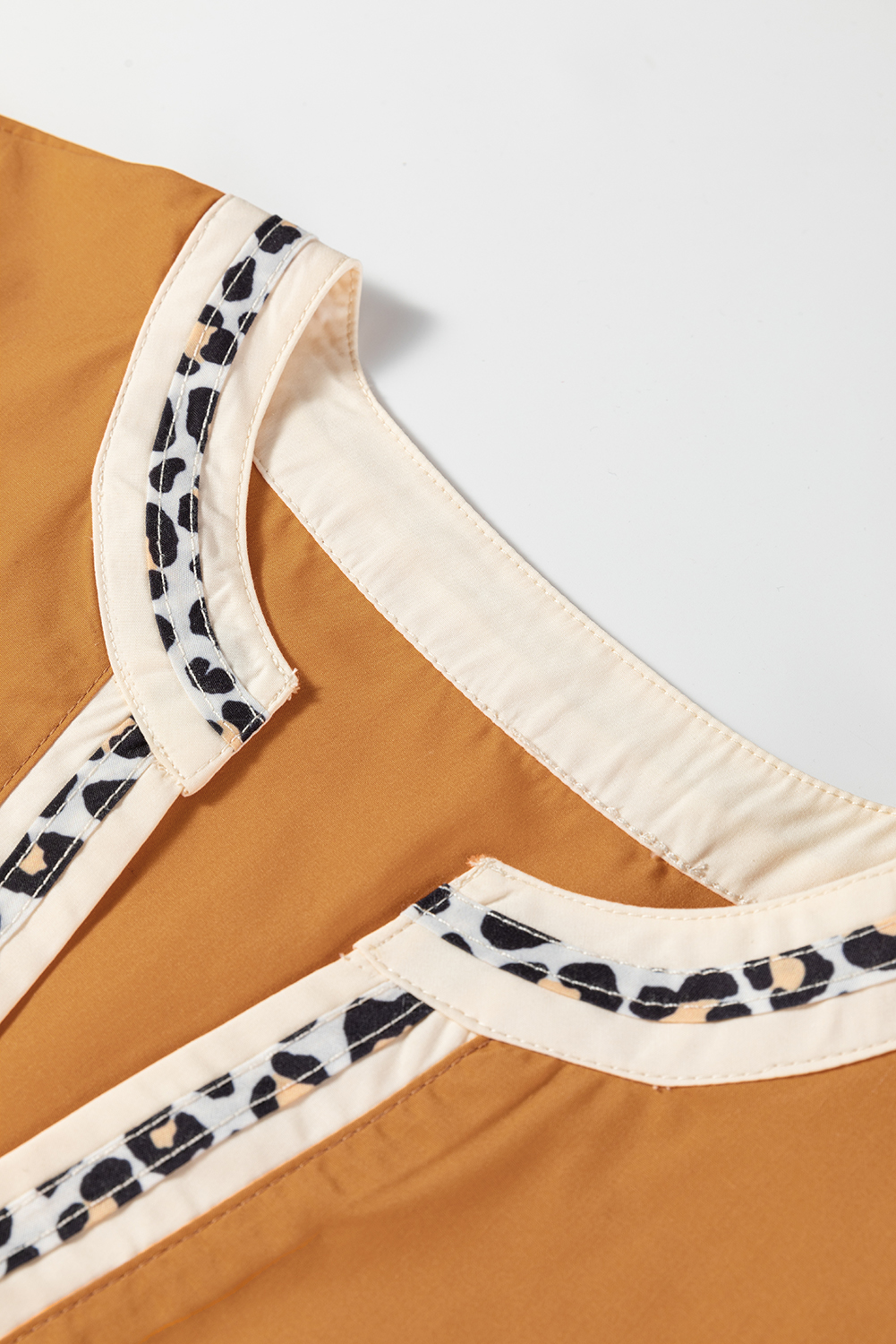 Buckskin Contrast Leopard Trim Split Neck Puff Sleeve Blouse - loveforevers