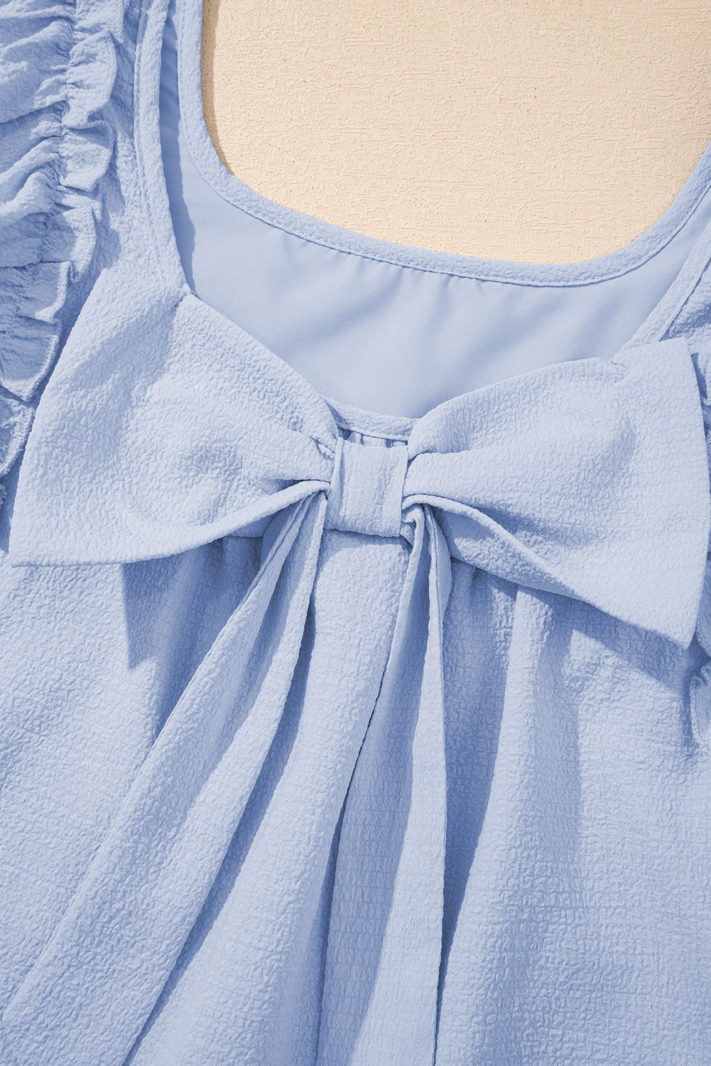 Beau Blue Textured Bow Knot Frilled Butterfly Sleeve Blouse - loveforevers