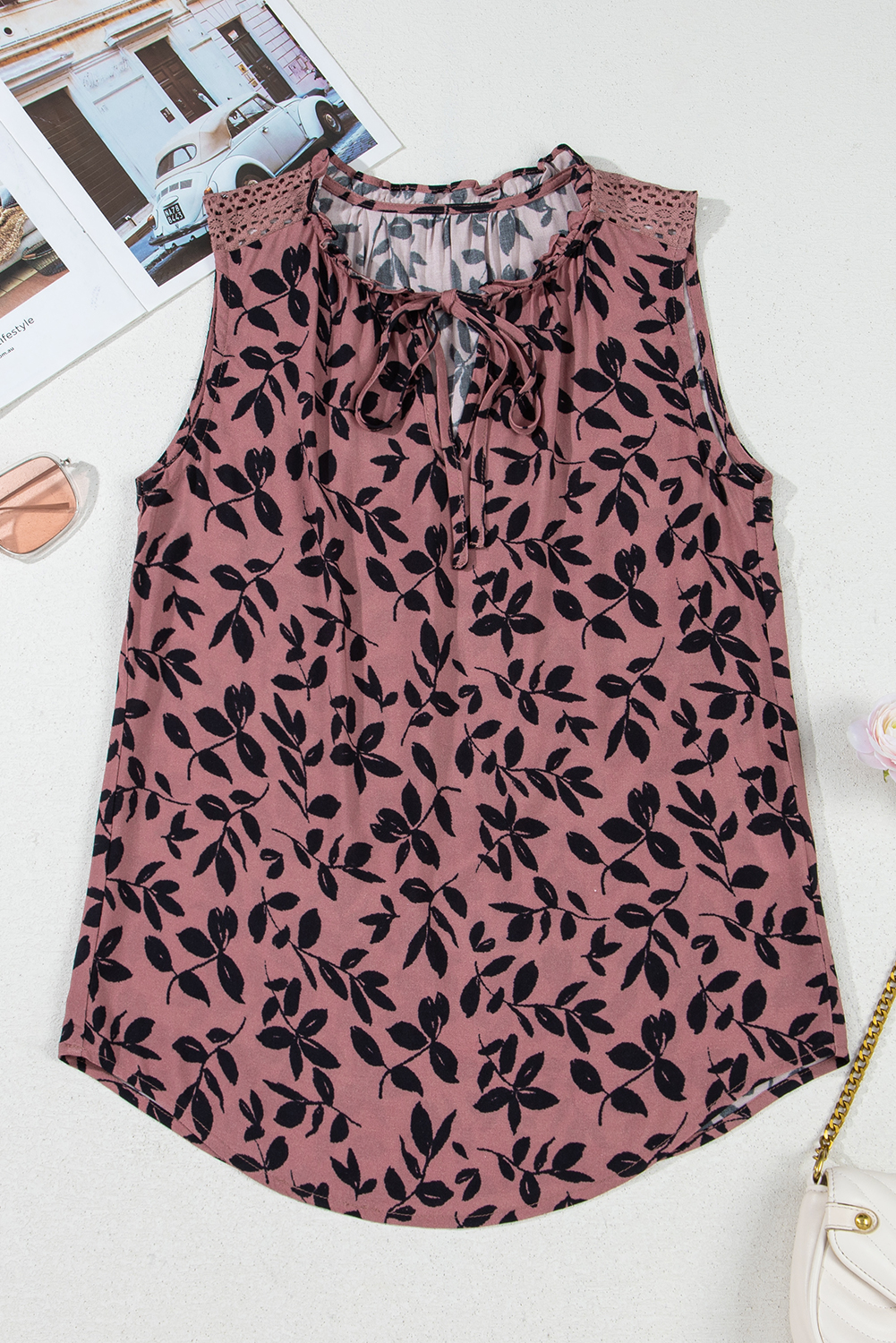 Brown Leaf Print Lace-up V Neck Crinckled Tank Top - loveforevers