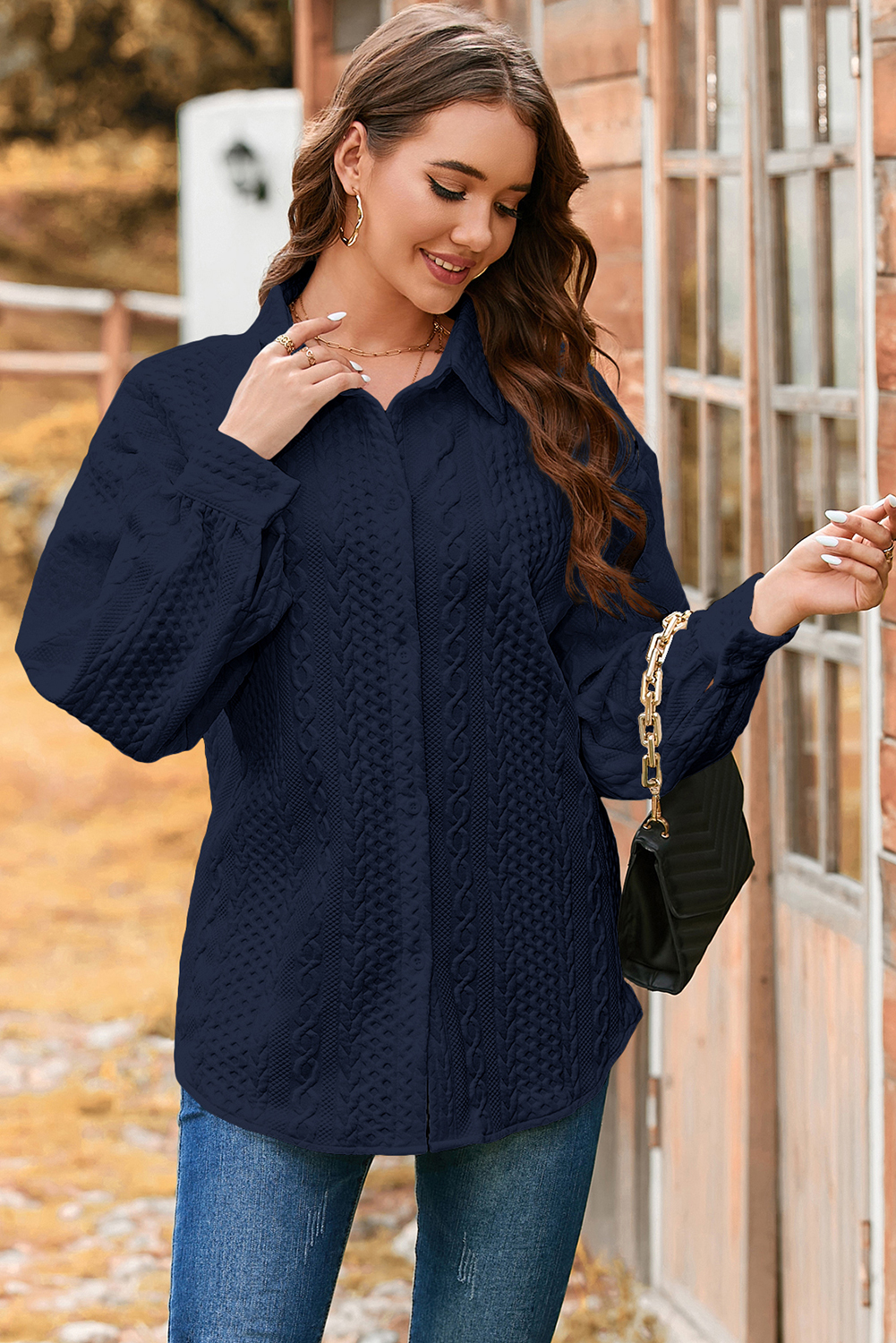 Sepia Rose Cable Texture Puff Sleeve Loose Shacket - loveforevers