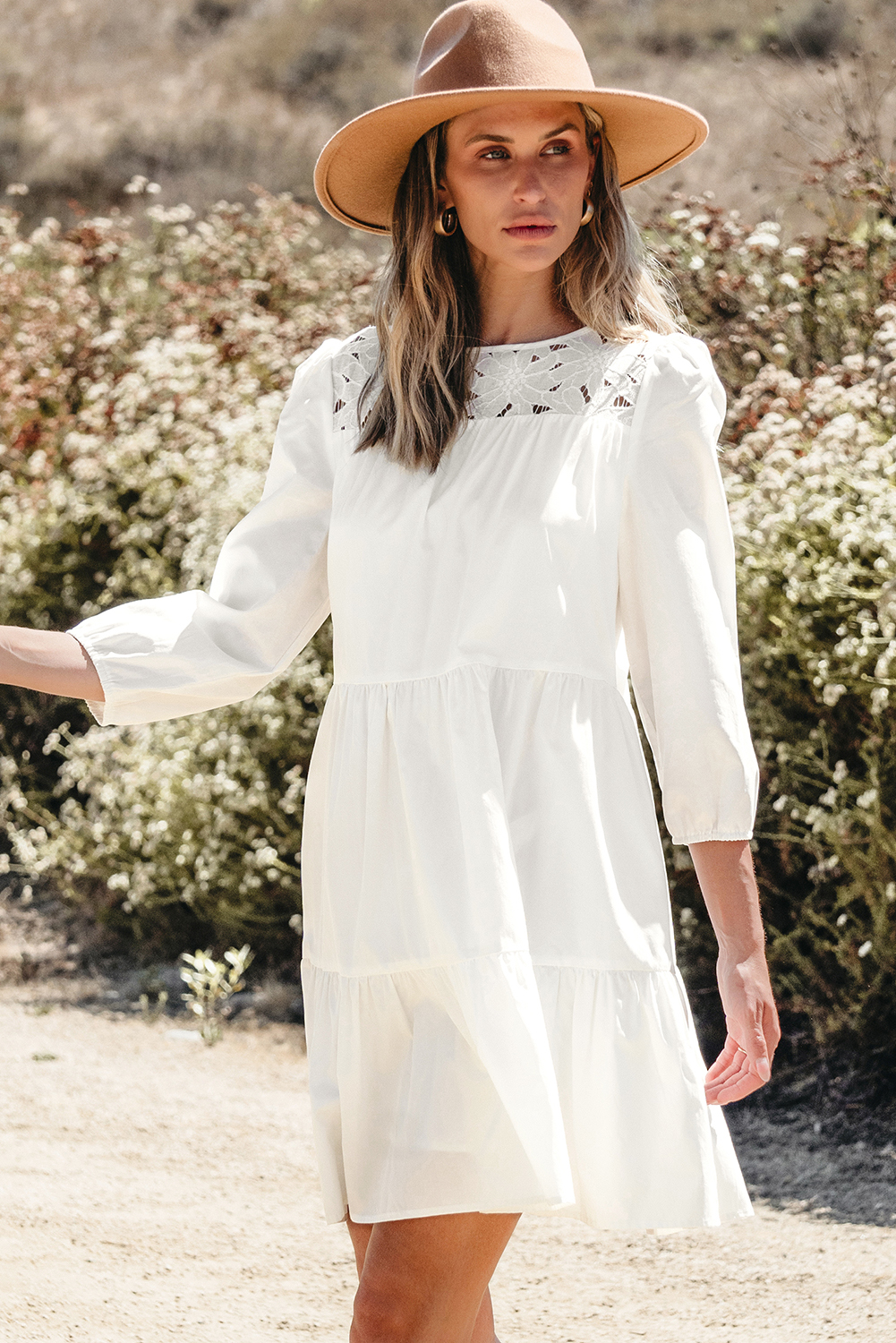 White Floral Lace Patchwork Bracelet Sleeve Tiered Mini Dress - loveforevers