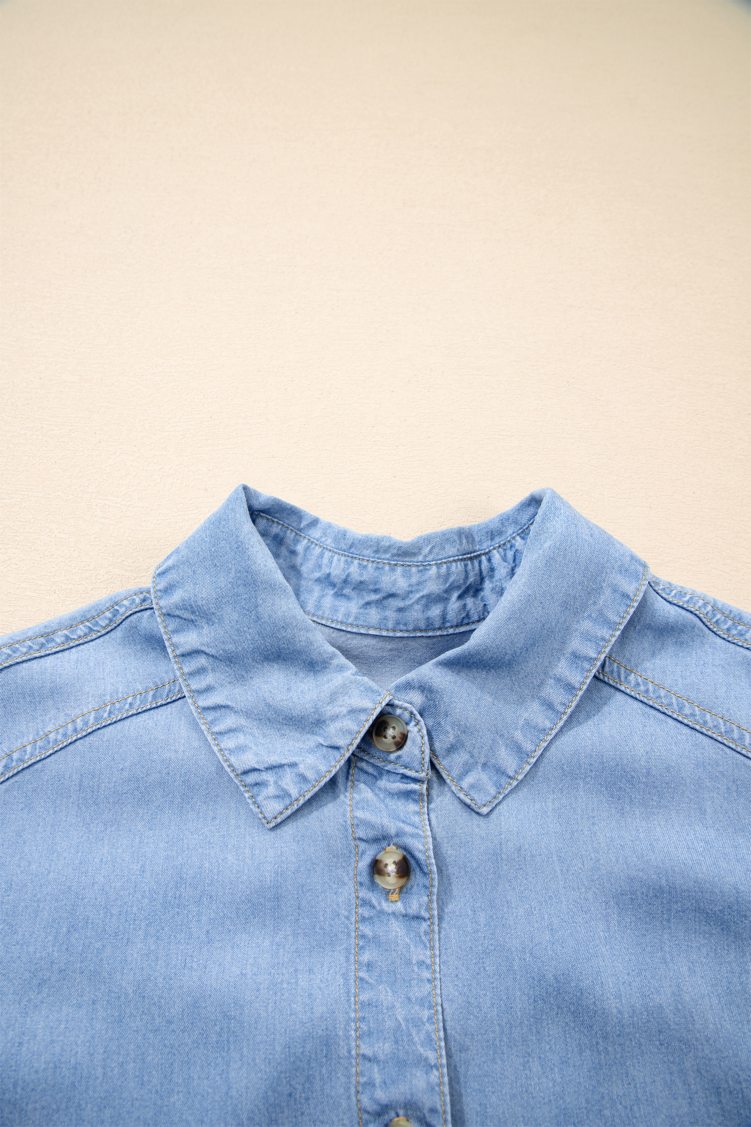 Beau Blue Half Sleeve Button Down Ruffled High Low Chambray Shirt - loveforevers
