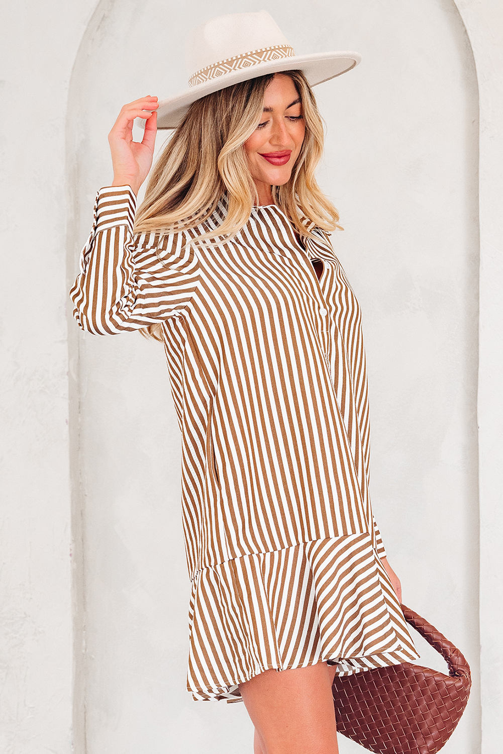 Brown Stripe Ruffled Hem Collared Long Sleeve Shirt Mini Dress - loveforevers
