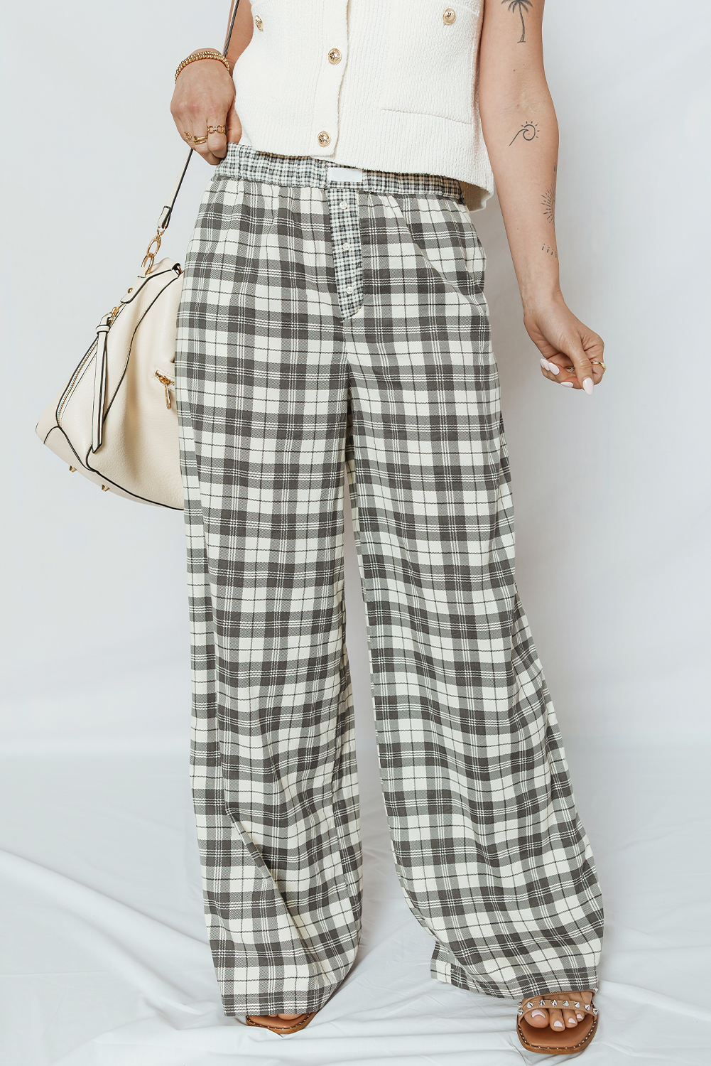 Gray Plaid Wide Leg Casual Pants - loveforevers