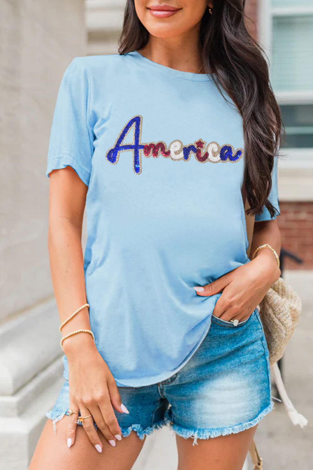 Light Blue Sequin America Graphic Crewneck Patriotic T Shirt - loveforevers