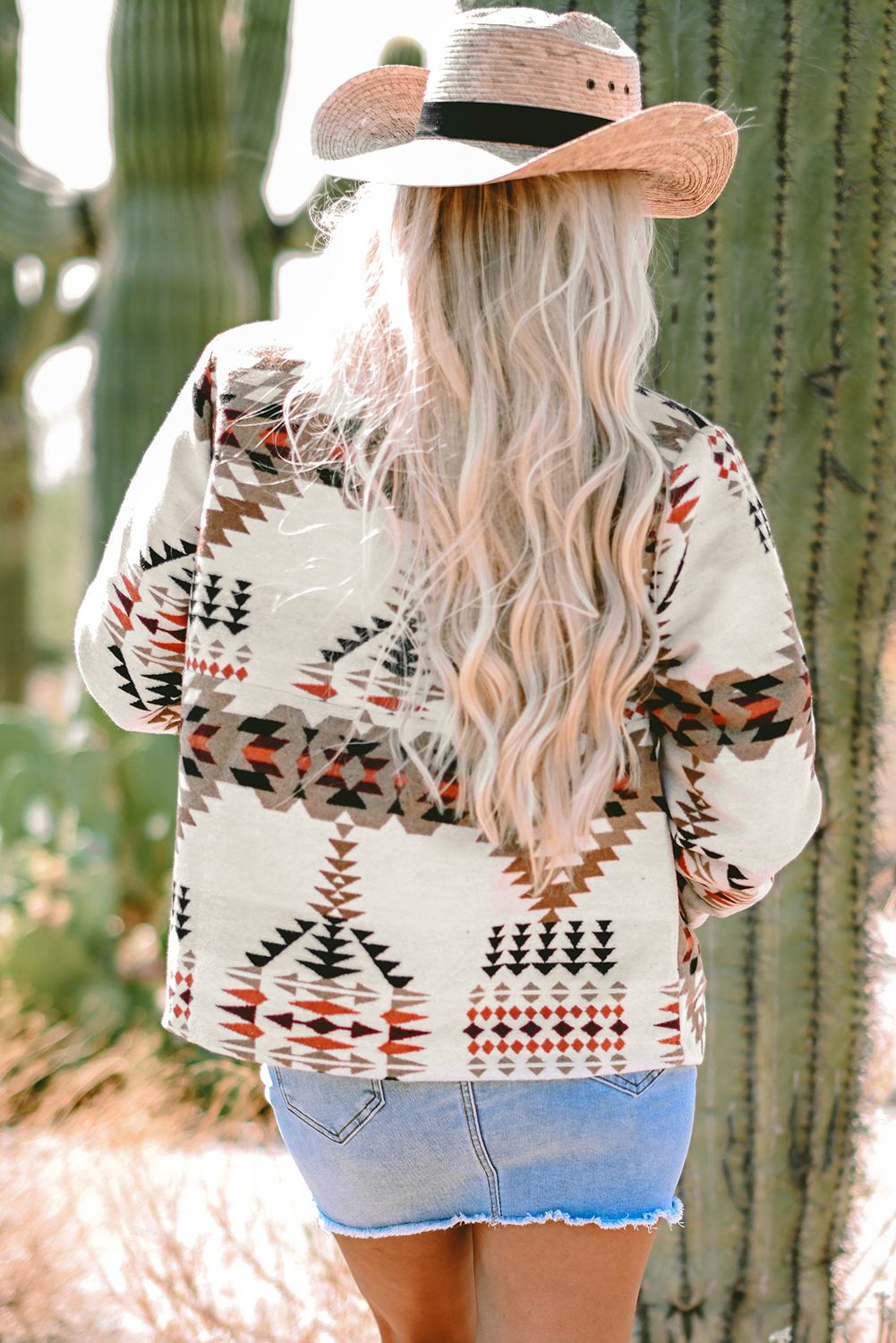 Beige Aztec Printed Stand Neck Zip Up Jacket - loveforevers