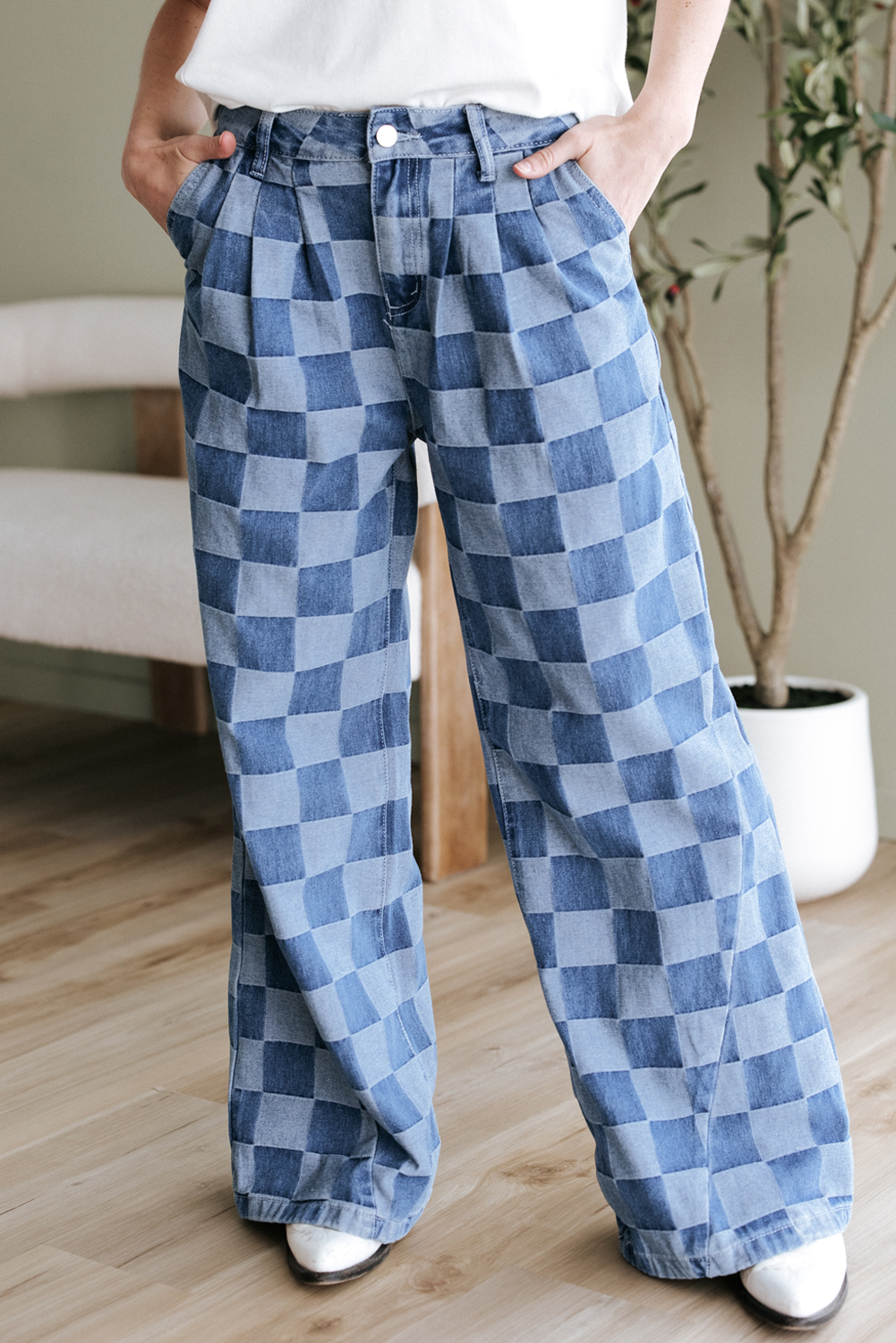 Dark Grey Checkered Denim Wide Leg Jeans - loveforevers