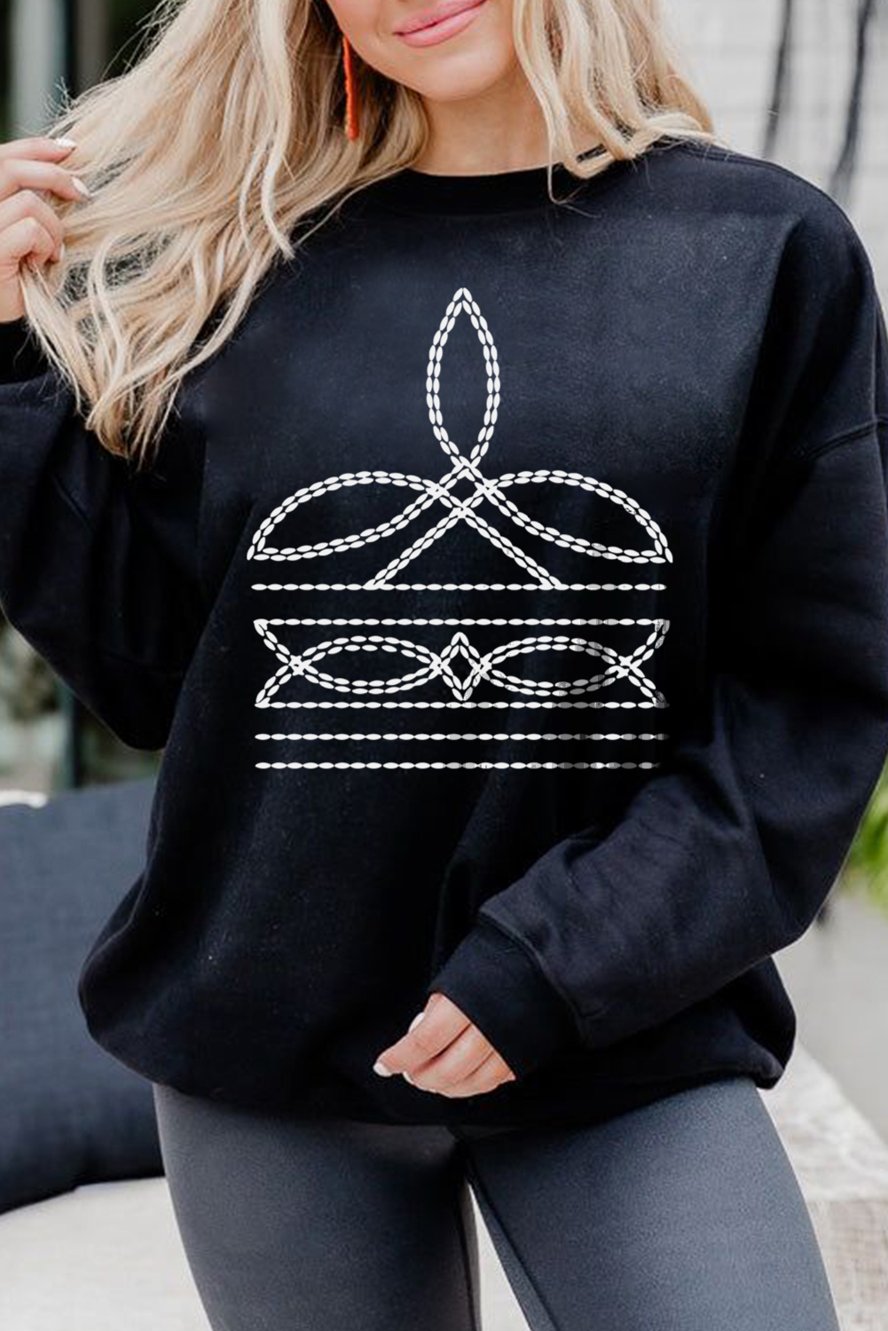 Black Western Pattern Print Round Neck Pullover Sweatshirt - loveforevers