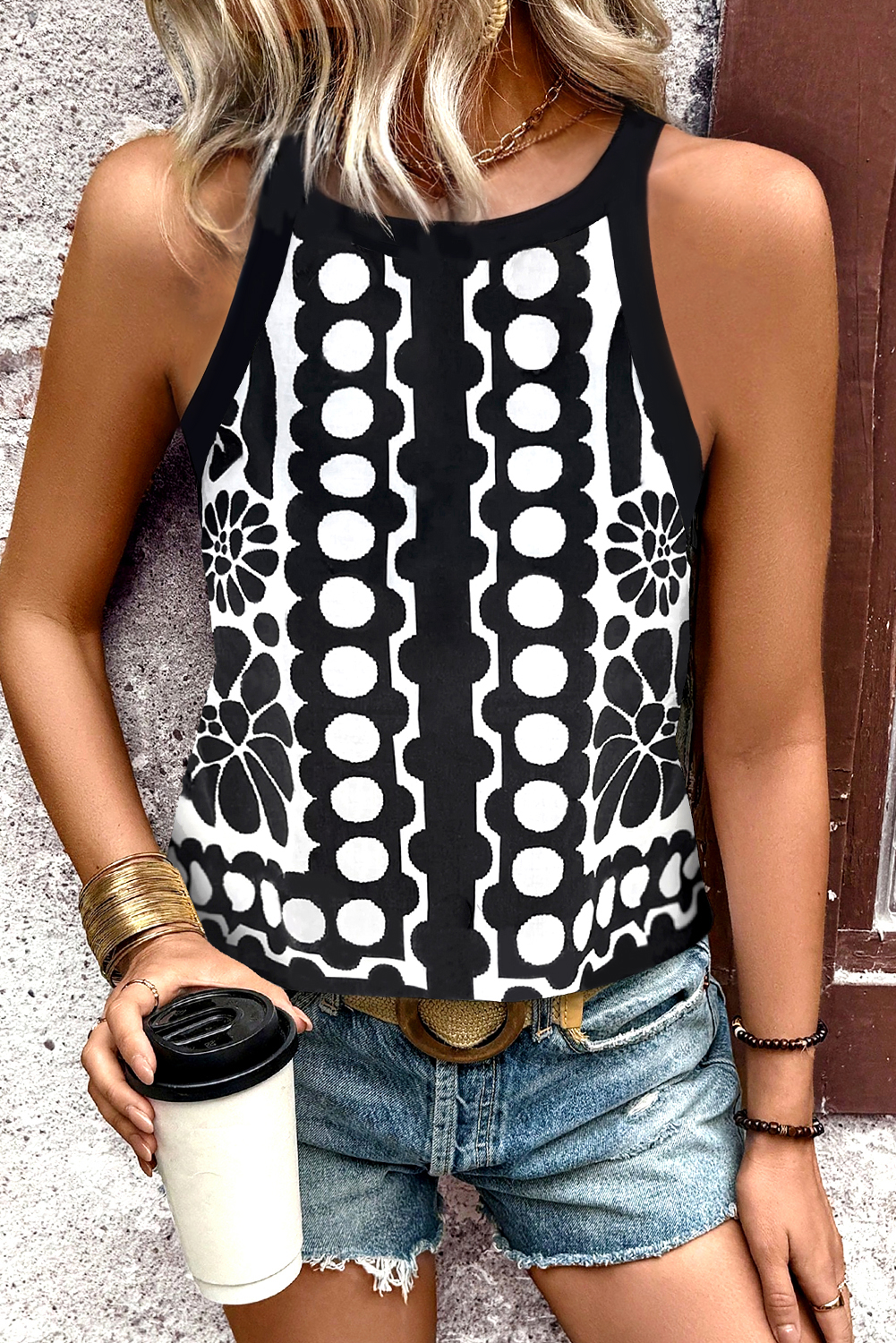 Black Abstract Dot Flower Print Tank Top - loveforevers