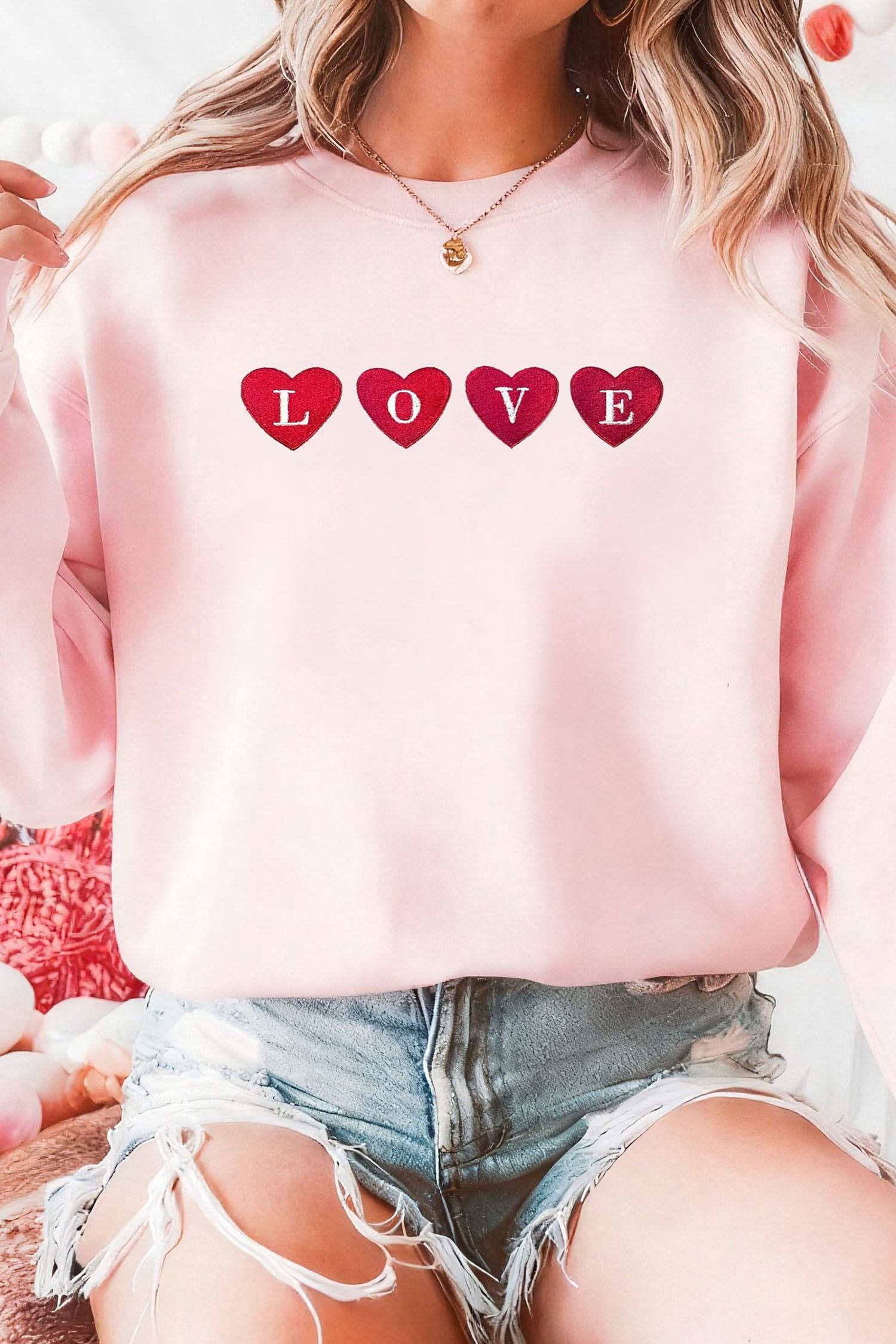 Pink LOVE In Hearts Embroidered Graphic Sweatshirt - loveforevers