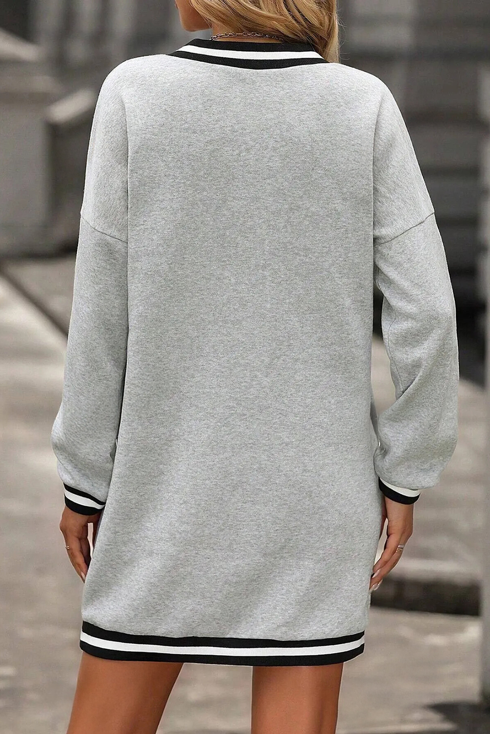 Light Grey Striped Trim V Neck Long Sleeve Preppy T Shirt Dress - loveforevers