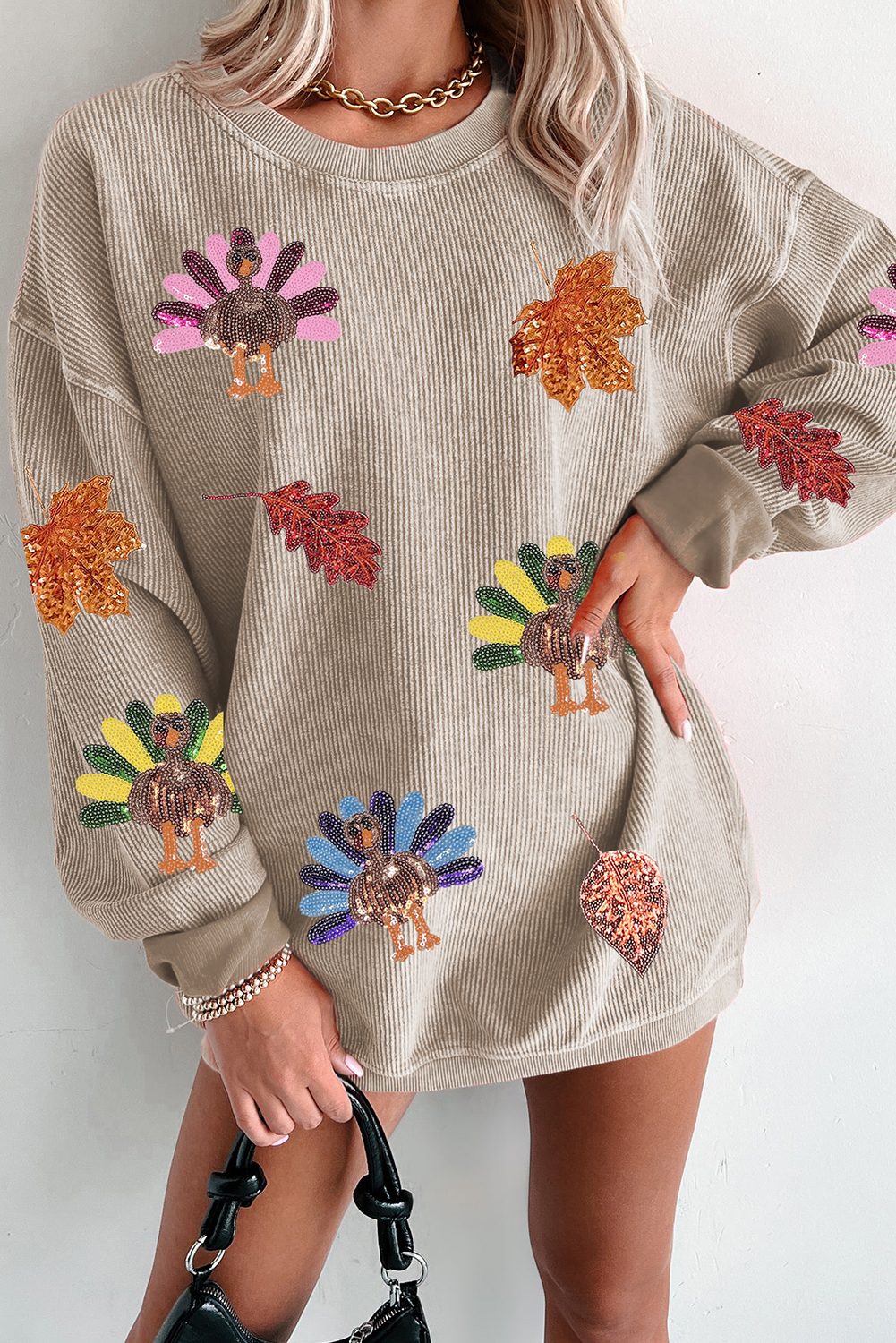 Smoke Gray 3D Ribbed Sequin Fall Leaf Turkey Graphic Baggy Sweatshirt - loveforevers