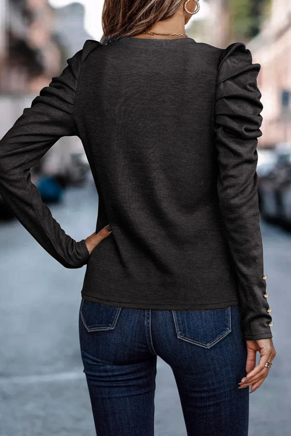 Green Buttoned Puff Long Sleeve Sheath Top - loveforevers