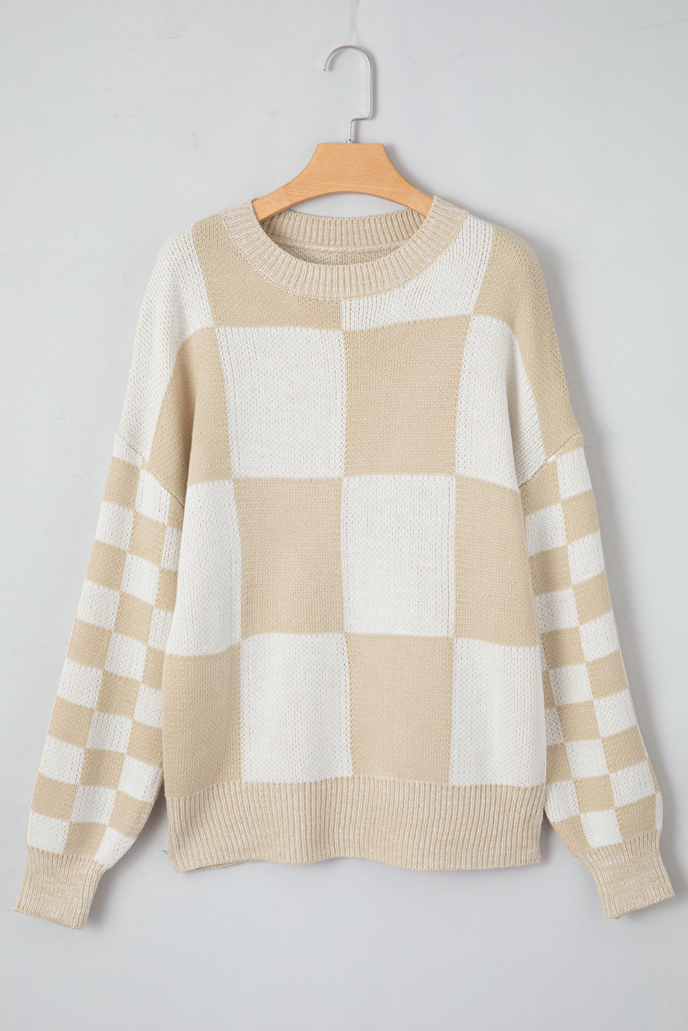 Flaxen Checkered Print Drop Shoulder Sweater - loveforevers