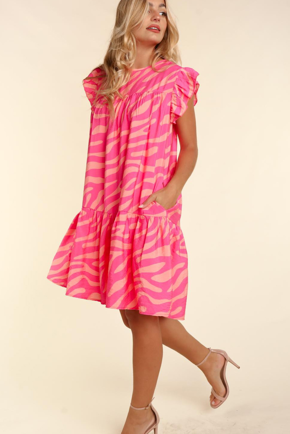 Pink Zebra Stripe Printed Ruffle Trim Pocketed Dress - loveforevers