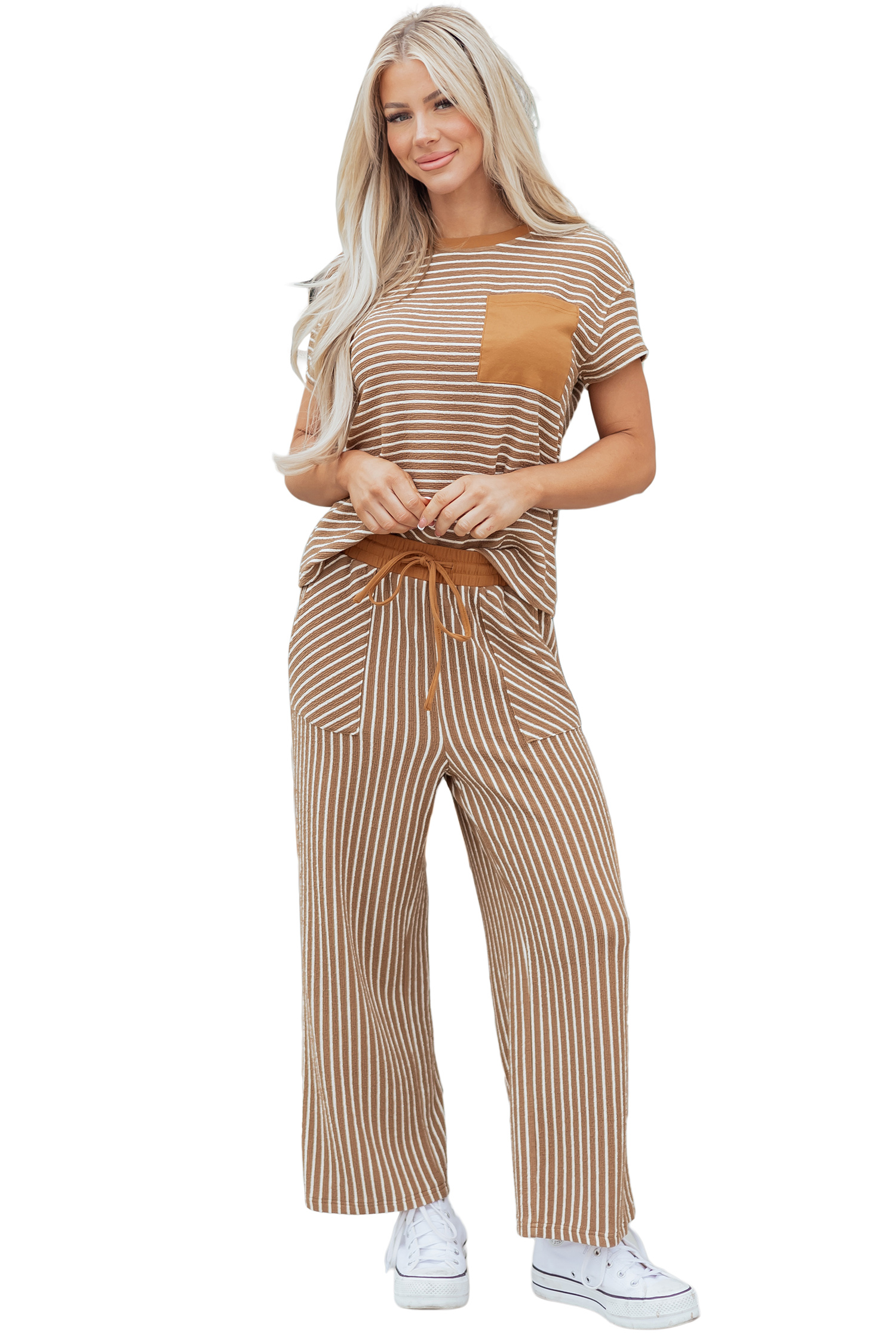 Khaki Stripe Crew Neck Tee Drawstring Waist Cropped Pants Set - loveforevers