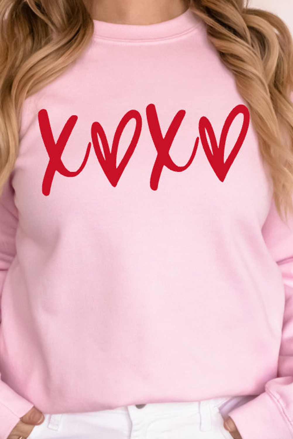 Pink Heart XOXO Graphic Crewneck Drop Shoulder Valentines Sweatshirt - loveforevers