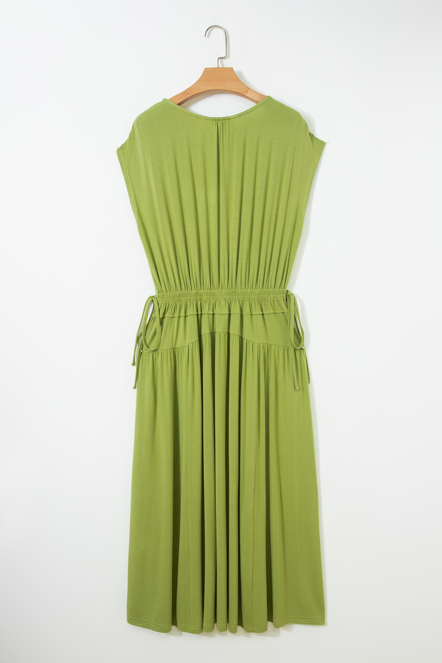 Fern Green Solid V Neck Cap Sleeve Tunic Elastic Waist Versatile Maxi Dress - loveforevers