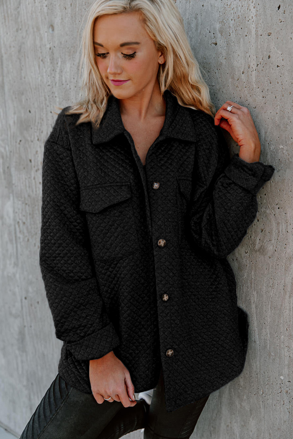Gray Retro Quilted Flap Pocket Button Shacket - loveforevers
