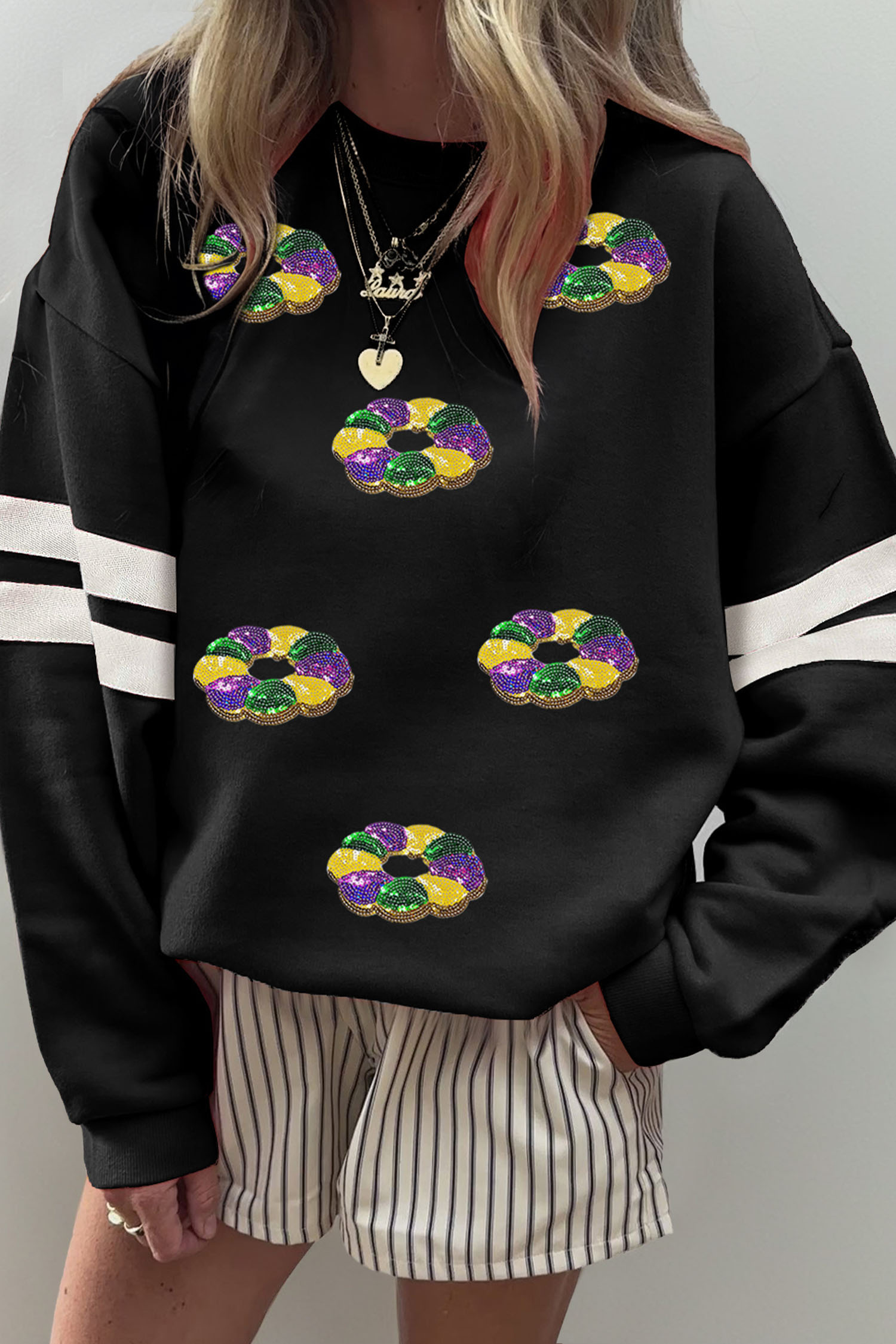 Black Sequin Mardi Crown Dropped Shoulder Varsity Sweatshirt - loveforevers
