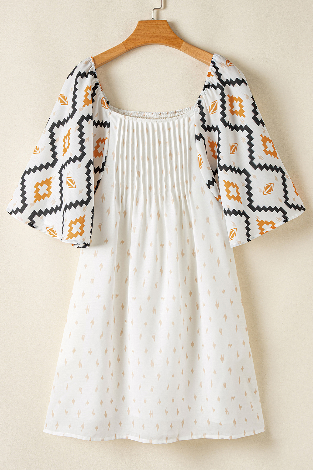 Beige Western Aztec Print Pleated Square Neck Loose Mini Dress - loveforevers