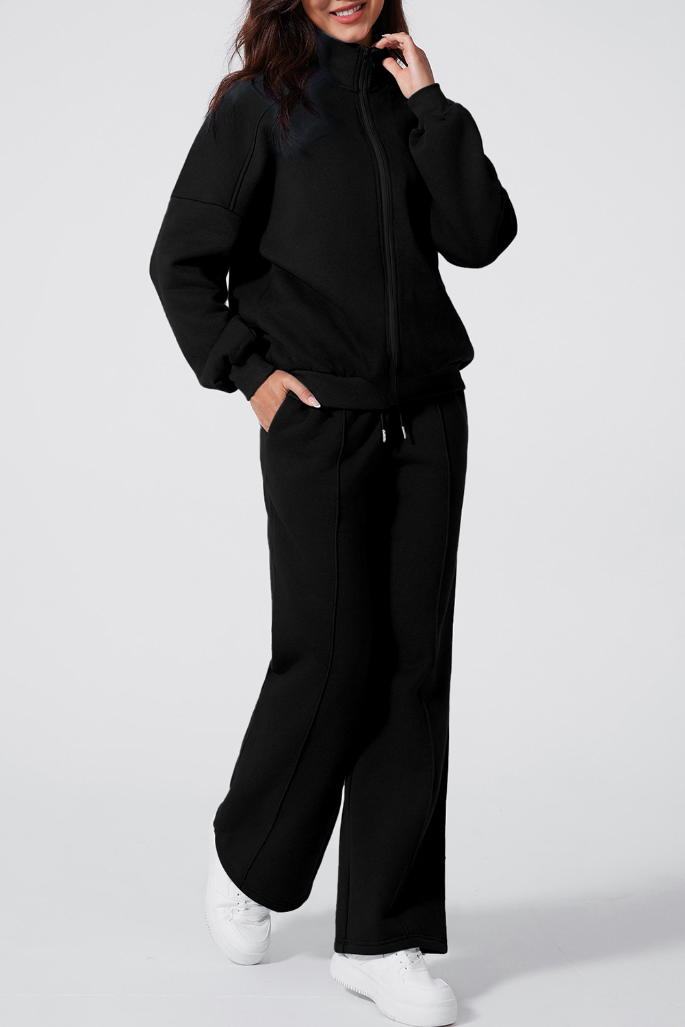 Navy Blue Drop Shoulder Zip Up Jacket Drawstring Pants Active 2pcs Set - loveforevers