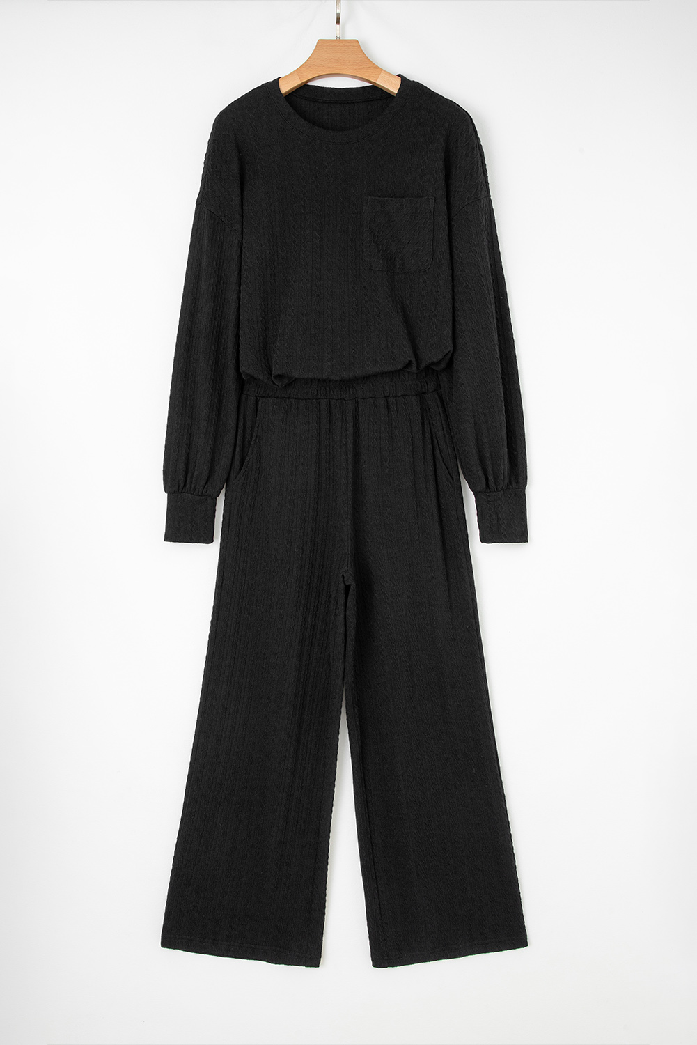 Black Textured Chest Pocket Long Sleeve Top 2Pcs Pants Set - loveforevers