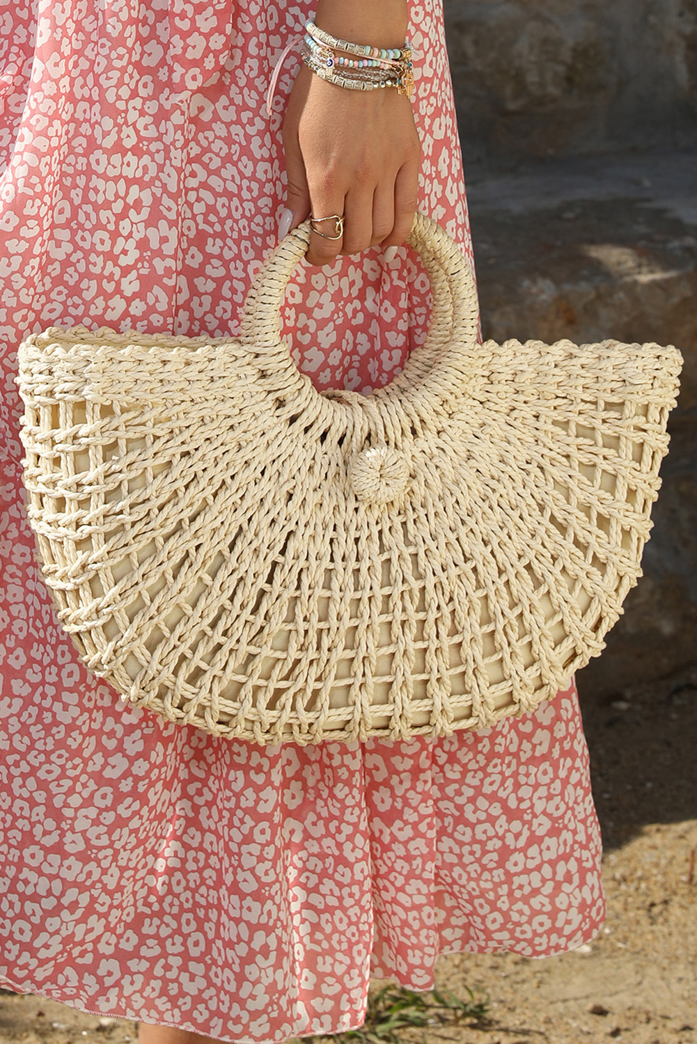 Beige Bamboo Weaving Semicircle Tote Handbag - loveforevers