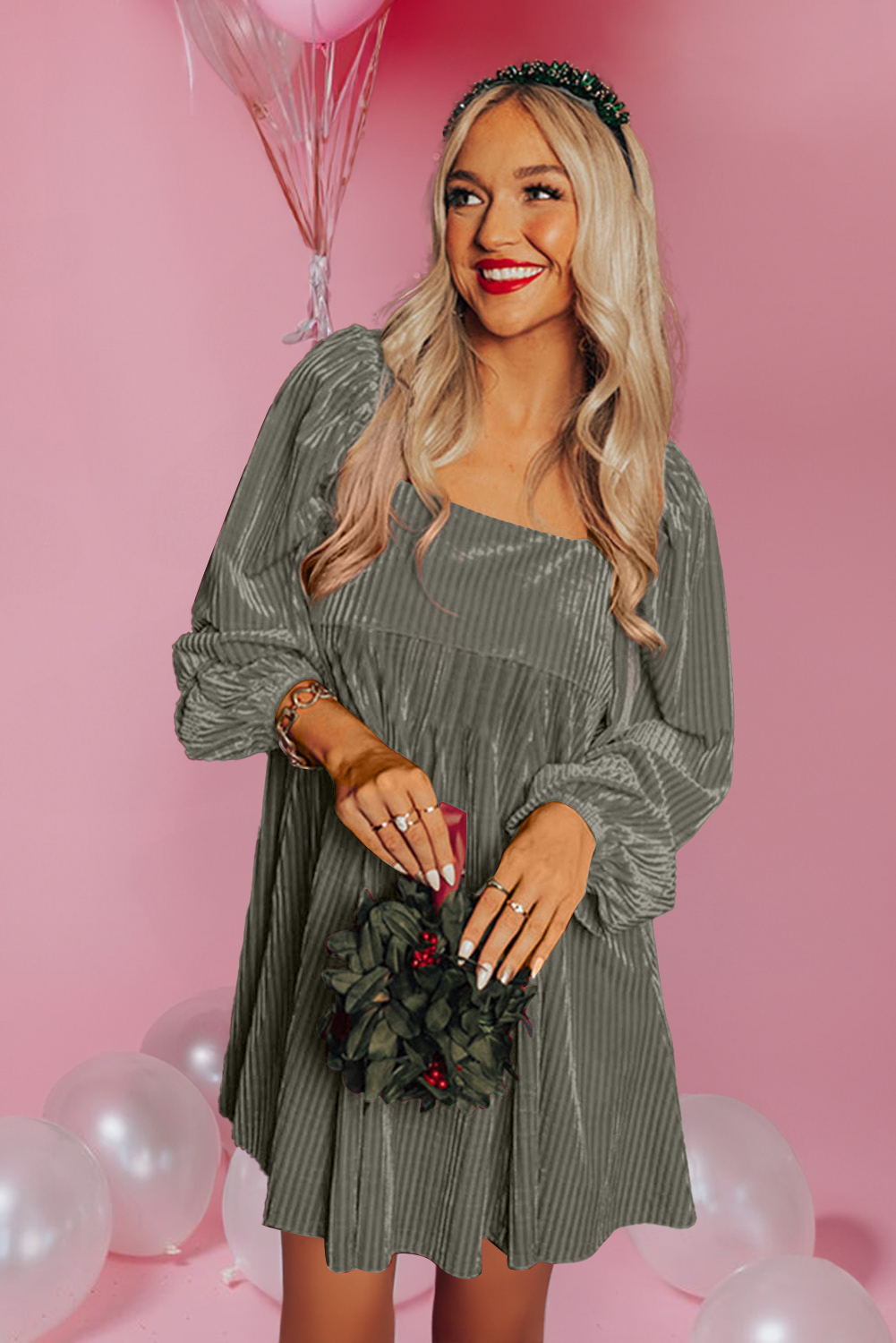 Gray Tie Back Square Neck Velvet Babydoll Dress - loveforevers