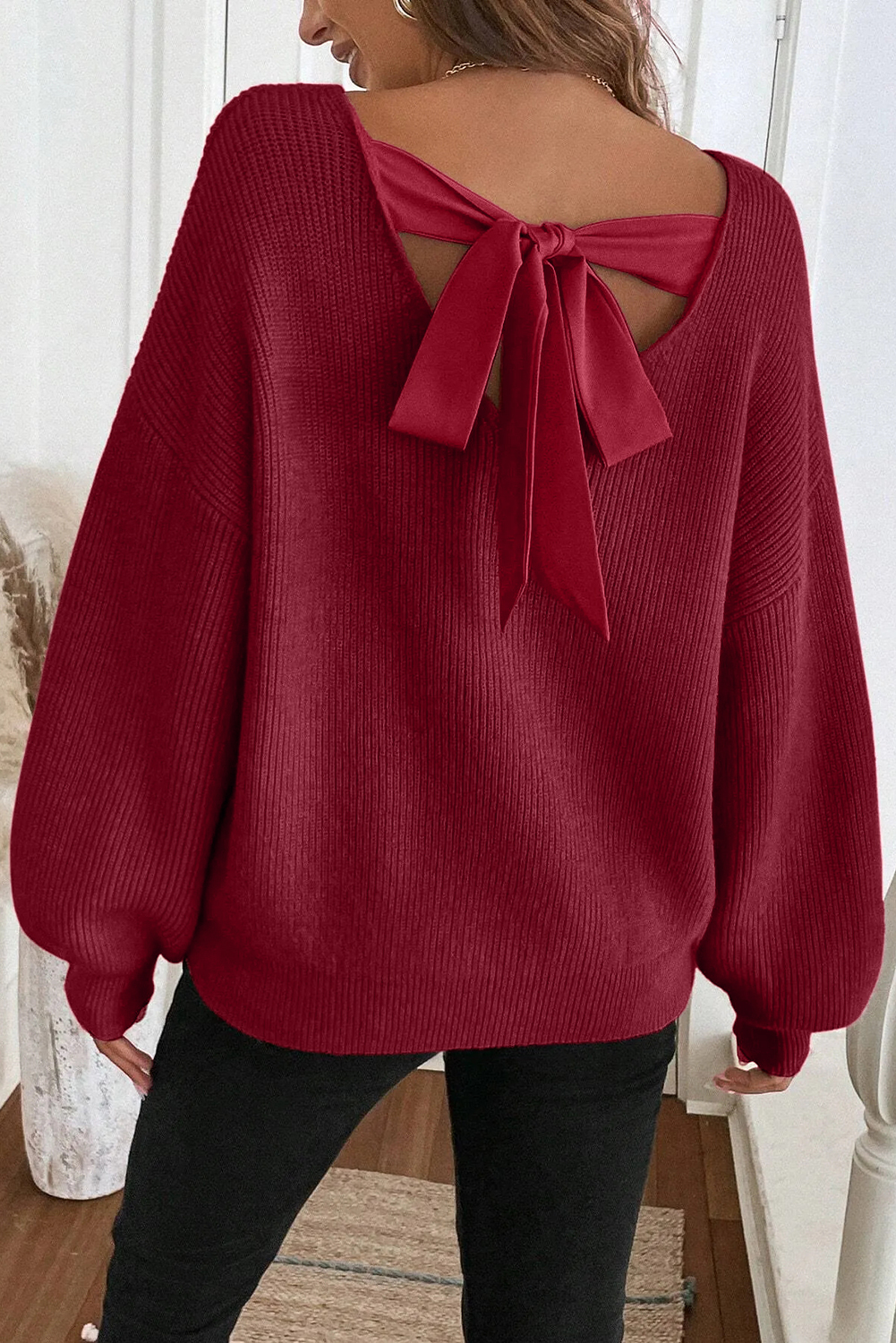 Black Ribbed Knit Ribbon Knot Backless Drop Shoulder Sweater - loveforevers